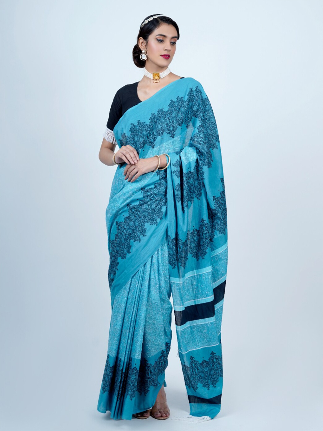 

BUTA BUTI Floral Printed Pure Cotton Tasseled Saree, Turquoise blue
