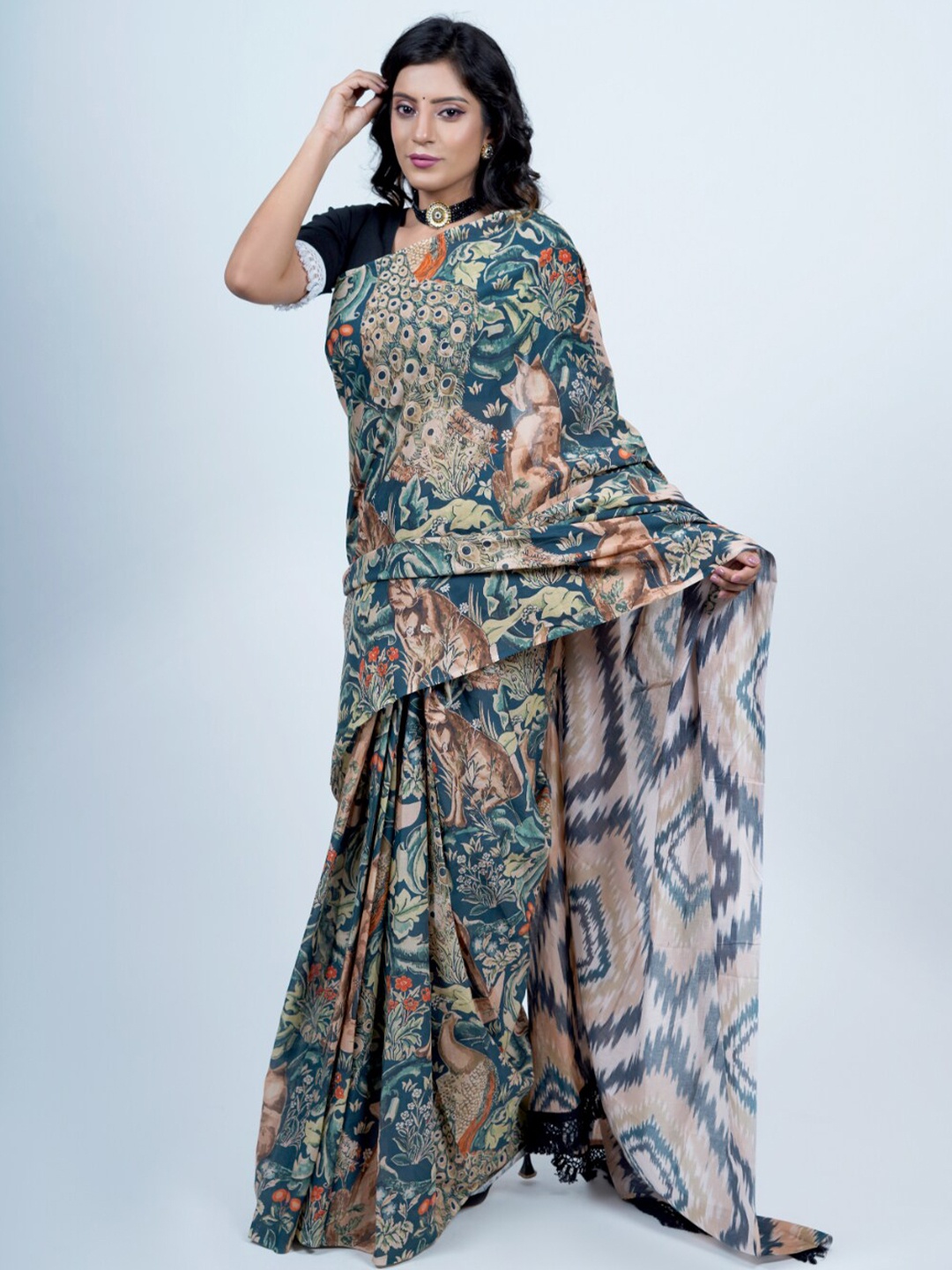 

BUTA BUTI Floral Printed Pure Cotton Saree, Green