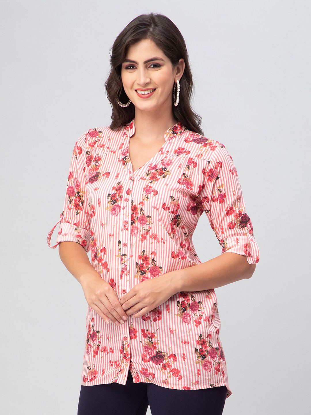 

DEBONATELLA Relaxed Floral Printed Cotton Chambray Casual Shirt, Pink