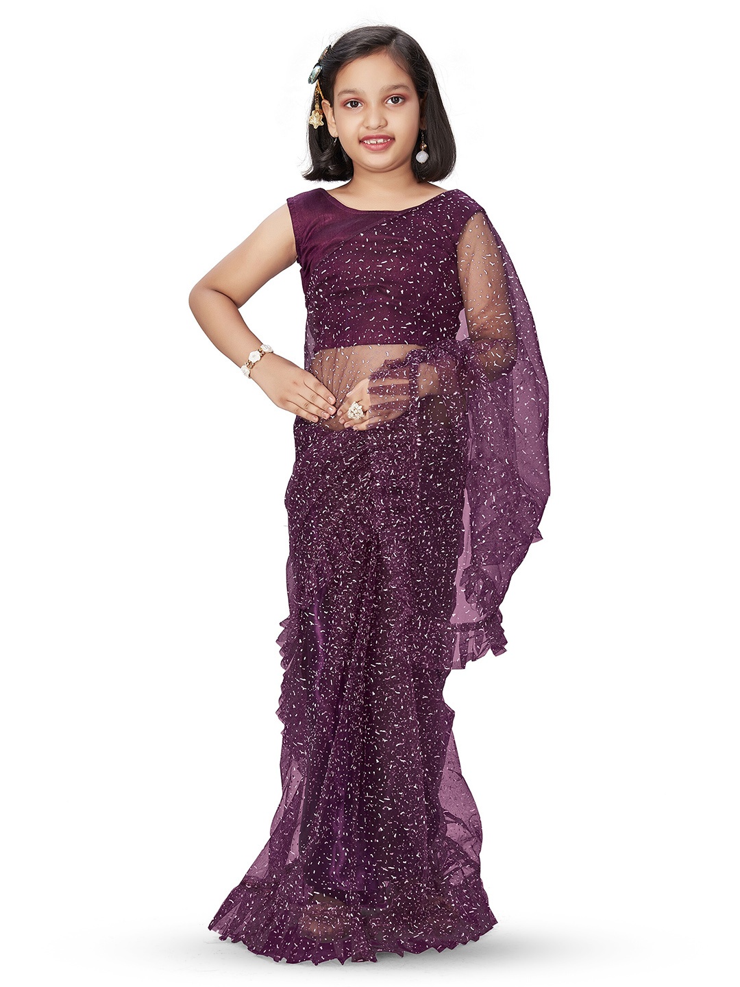 

LOOKS AND LIKES Girls Embellished Ruffles Net Saree, Burgundy