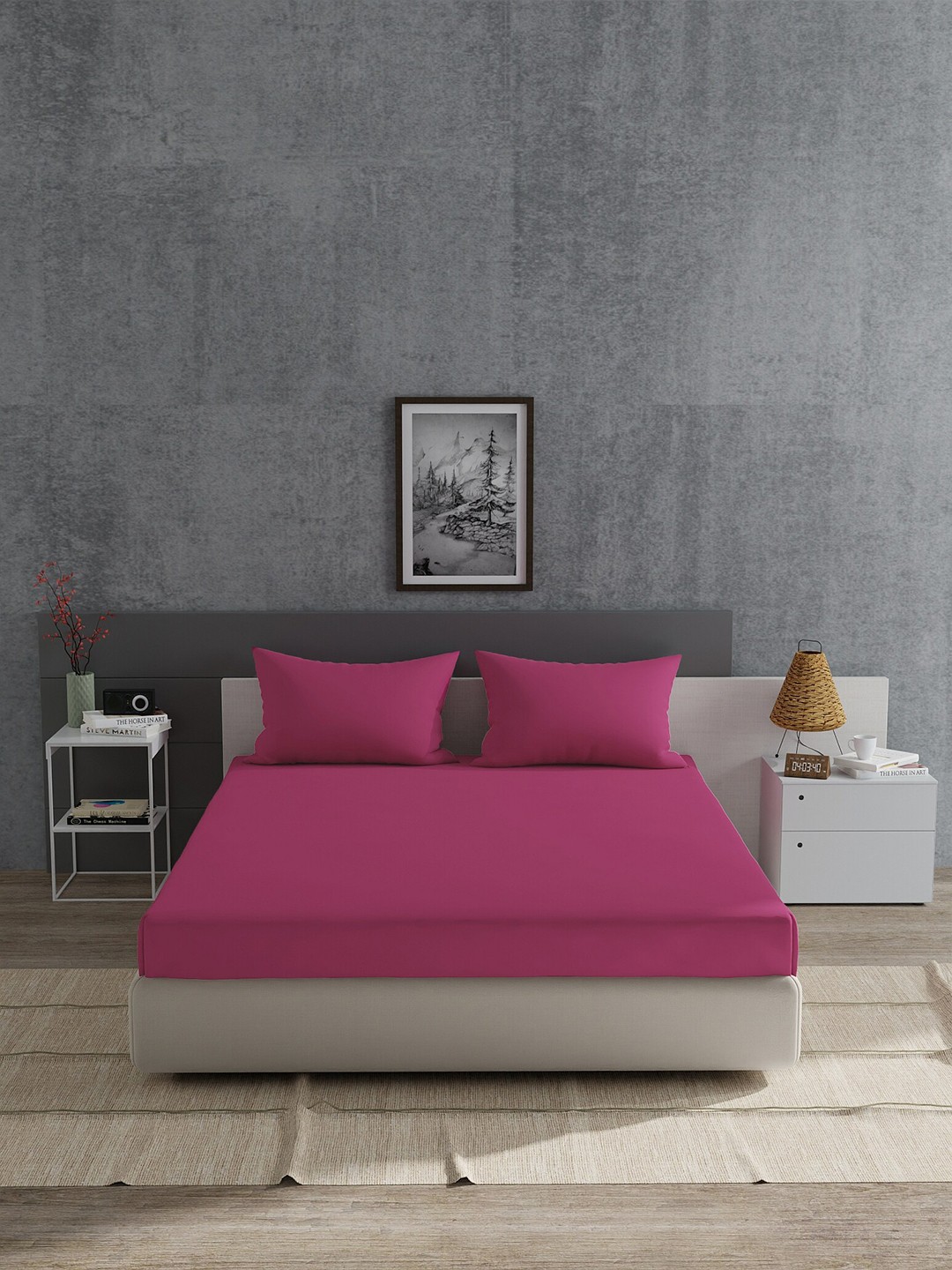 

Home Ecstasy Pink Solid Cotton 180 TC Fitted King Bedsheet With 2 Pillow Covers