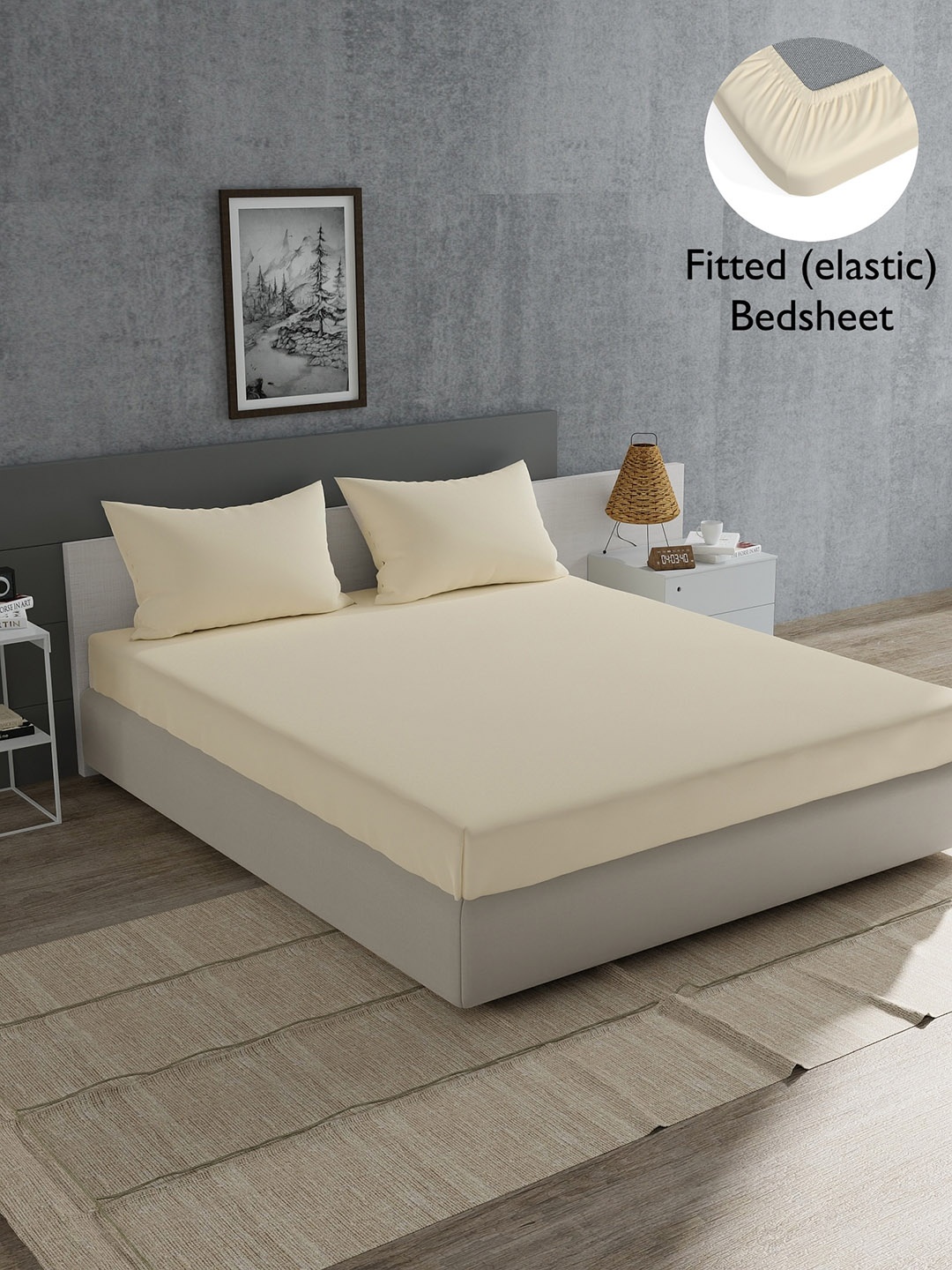 

Home Ecstasy Cream Solid Cotton 180 TC King Fitted Bedsheet With 2 Pillow Covers