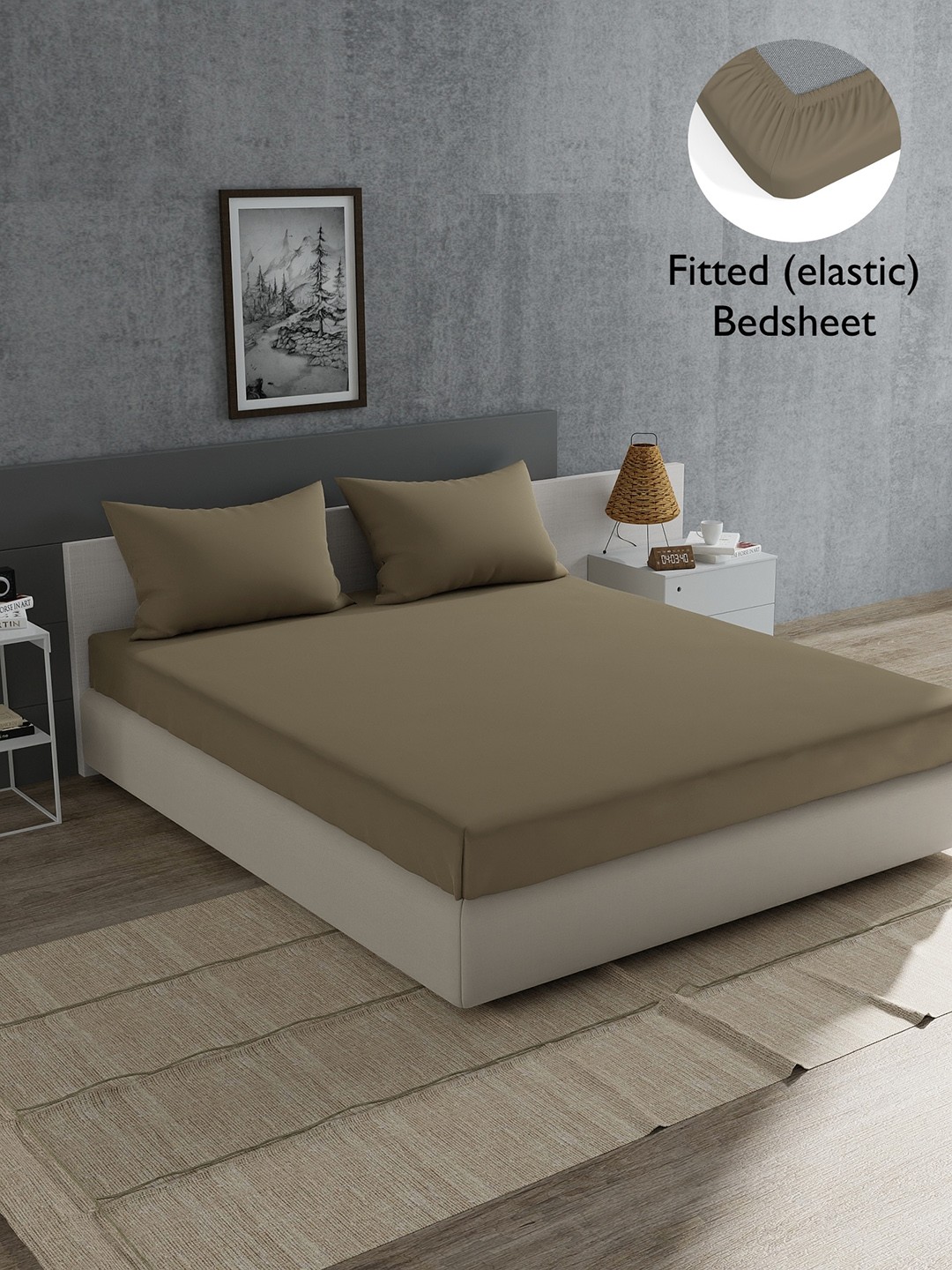 

Home Ecstasy Brown Solid Cotton 180 TC King Fitted Bedsheet with 2 Pillow Covers