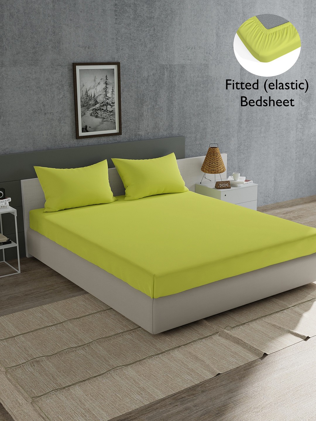 

Home Ecstasy Lime Green Solid Cotton 180 TC King Fitted Bedsheet With 2 Pillow Covers