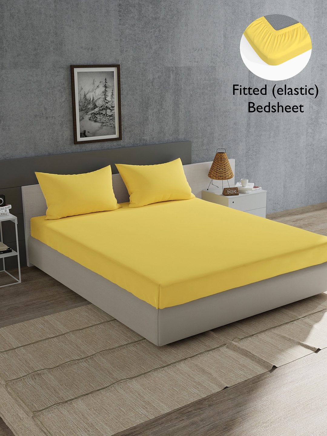 

Home Ecstasy Mustard Solid Cotton 180 TC King Fitted Bedsheet With 2 Pillow Covers