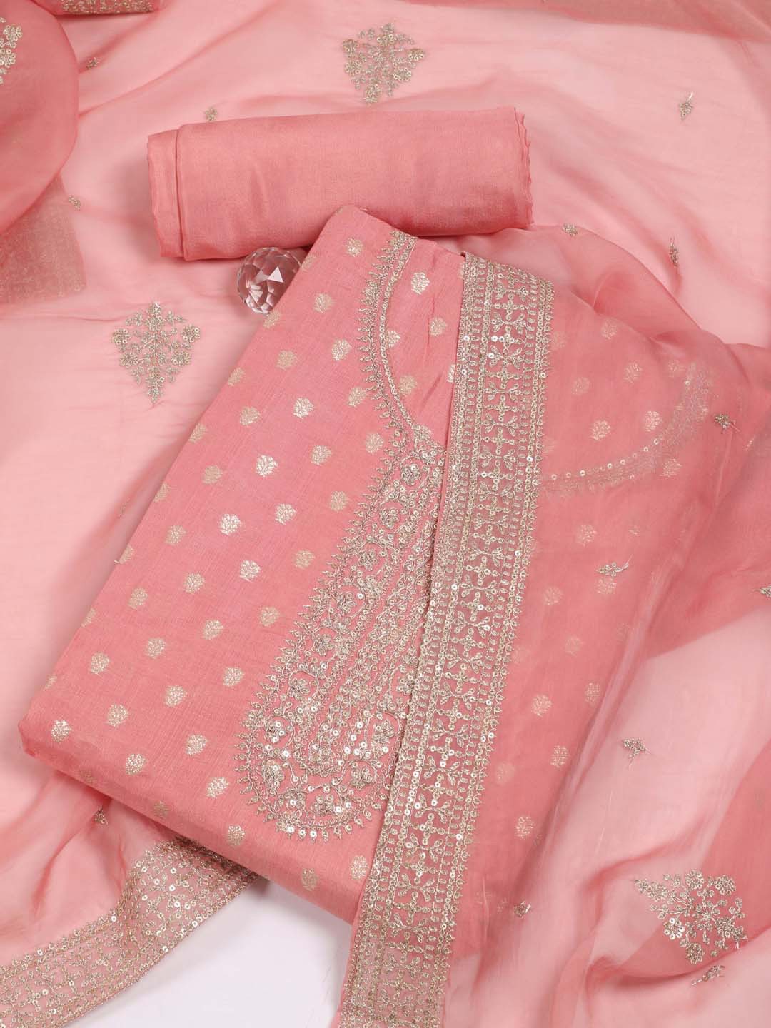 

Meena Bazaar Ethnic Motifs Woven Design Sequinned Unstitched Dress Material, Peach