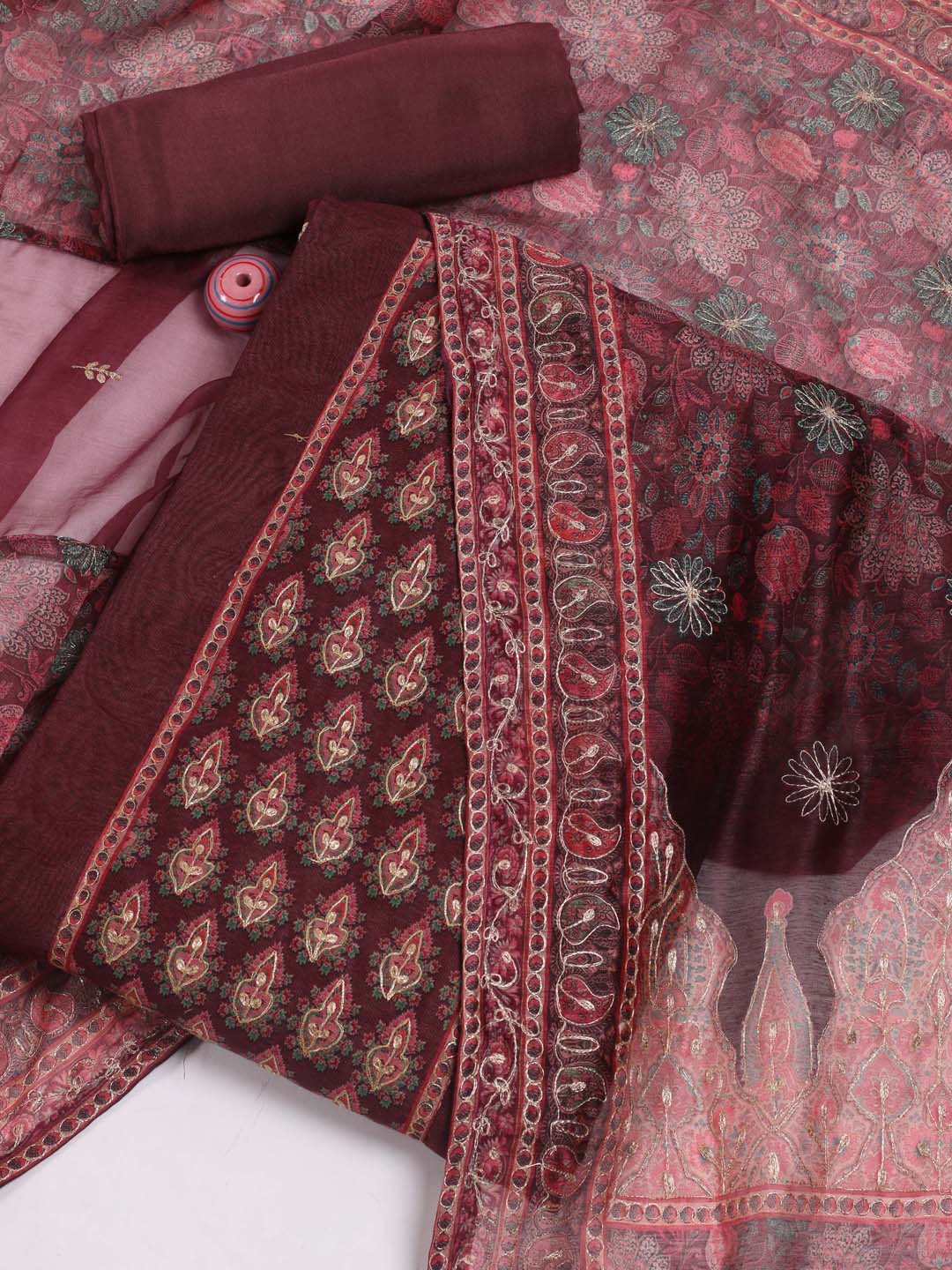 

Meena Bazaar Floral Printed Thread Work Unstitched Dress Material, Burgundy