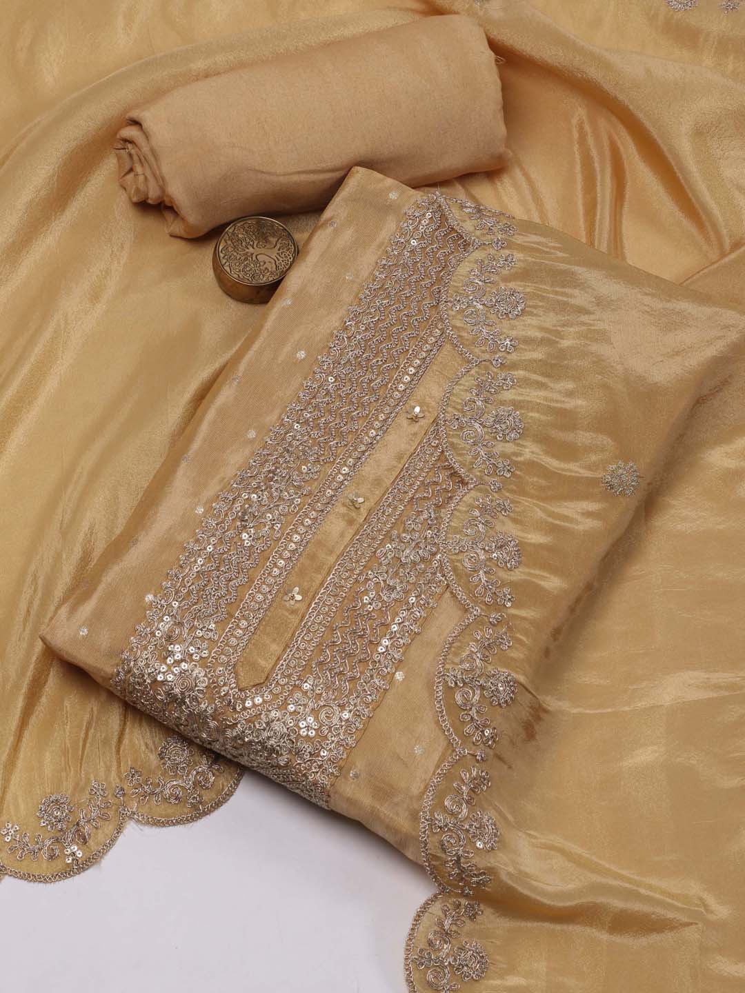 

Meena Bazaar Floral Embroidered Sequinned Tissue Unstitched Dress Material, Beige
