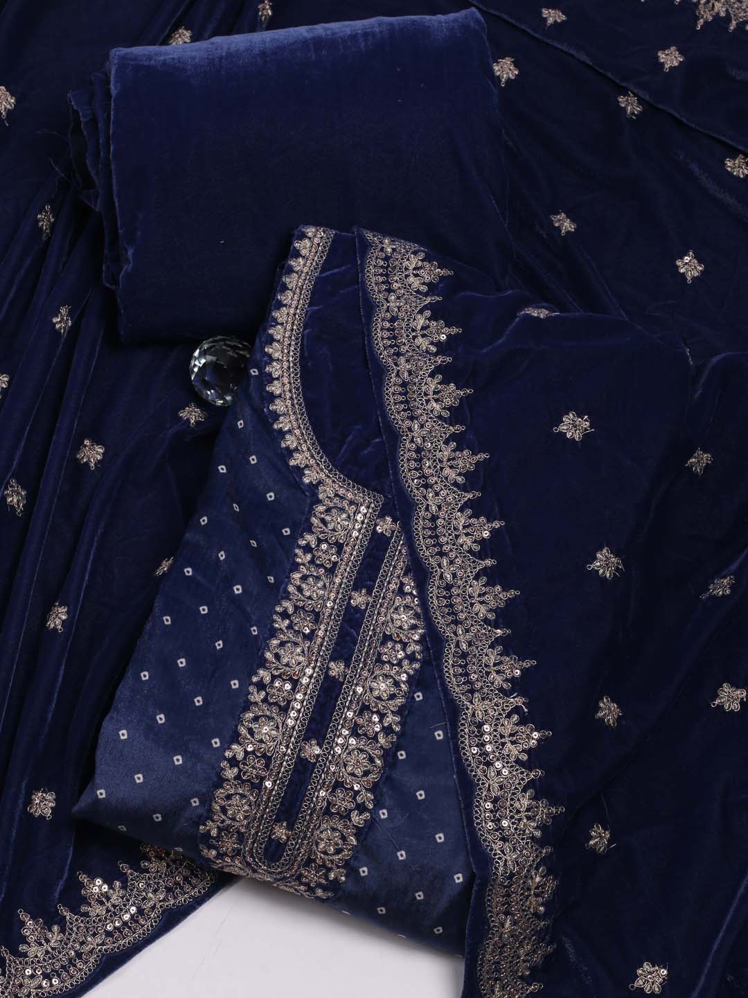 

Meena Bazaar Bandhani Printed Sequinned Velvet Unstitched Dress Material, Navy blue