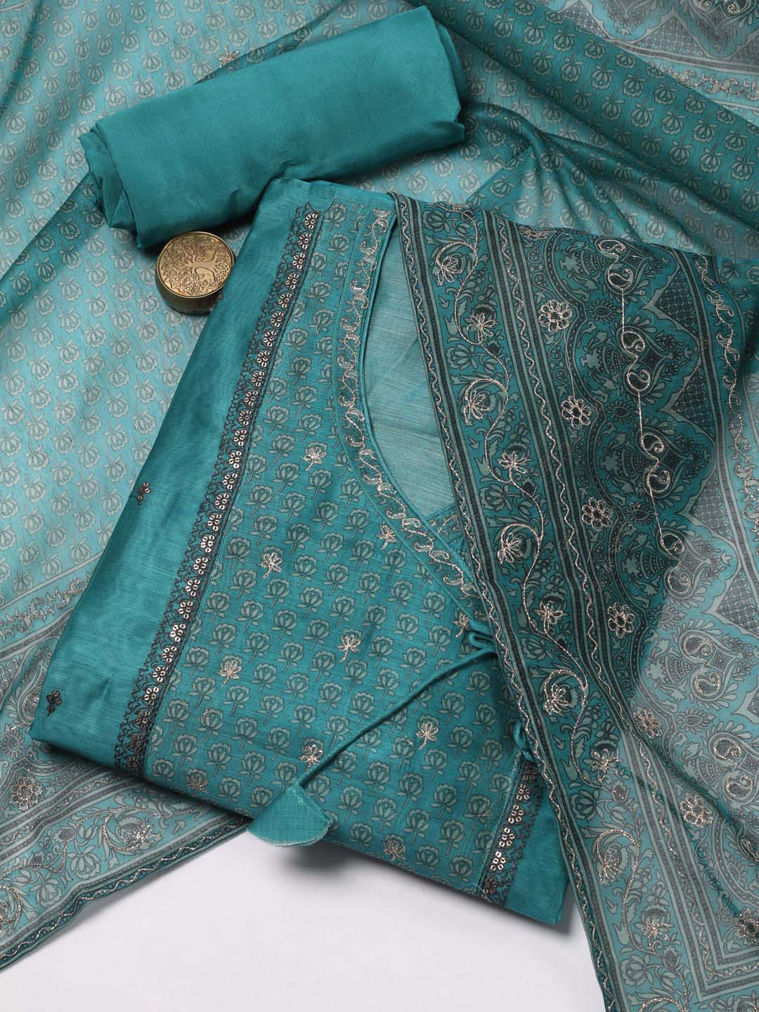 

Meena Bazaar Floral Embroidered Sequined Art Silk Unstitched Dress Material, Blue