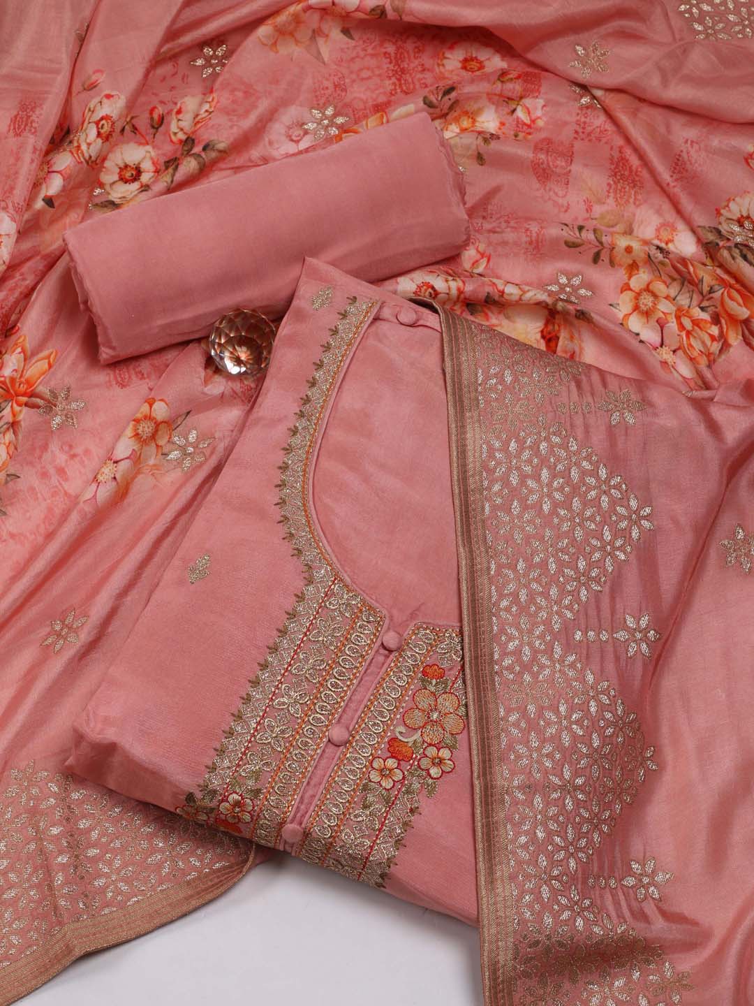 

Meena Bazaar Floral Embroidered Zari Art Silk Unstitched Dress Material, Coral