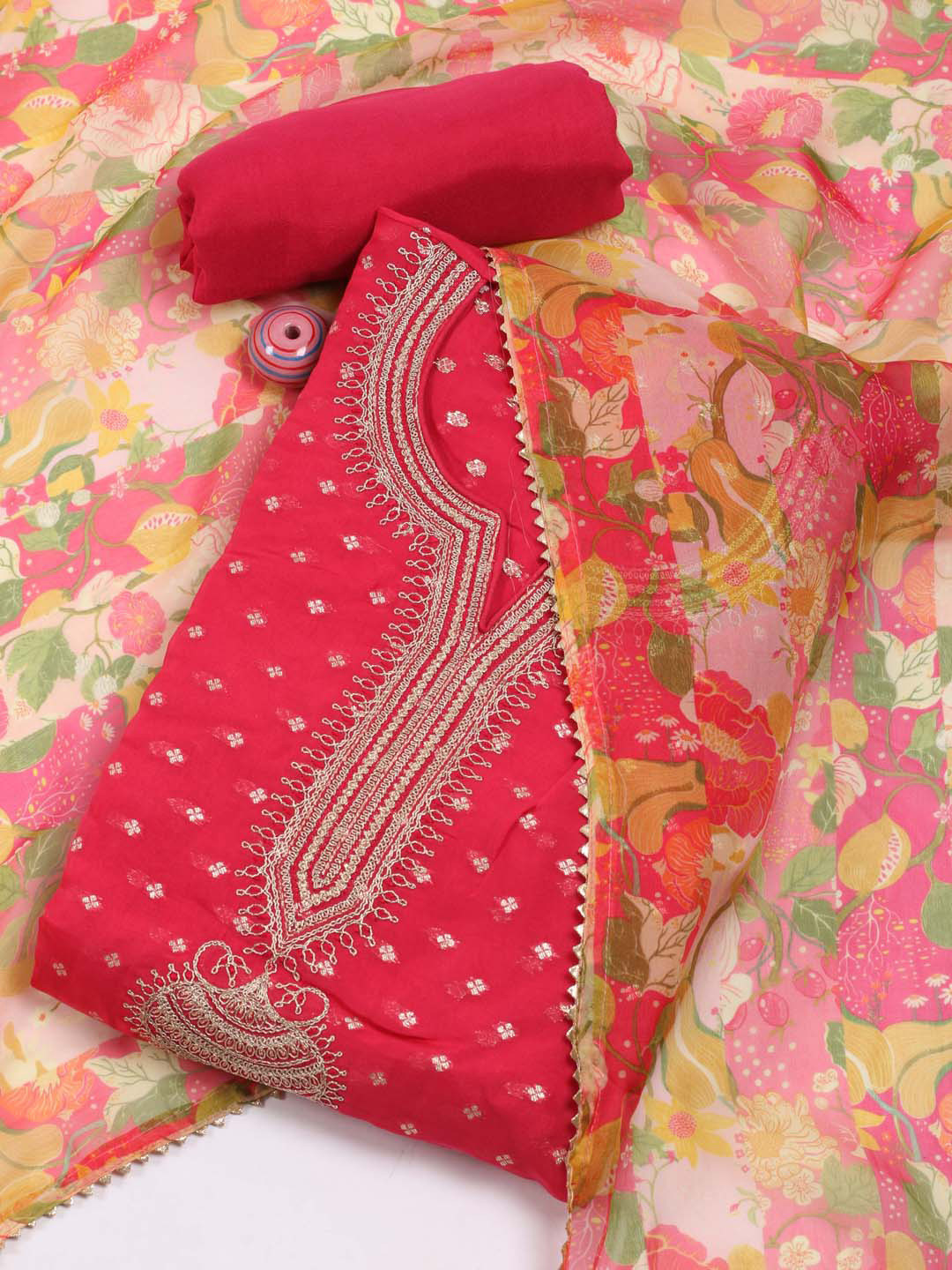 

Meena Bazaar Floral Woven Design Sequinned Unstitched Dress Material, Pink