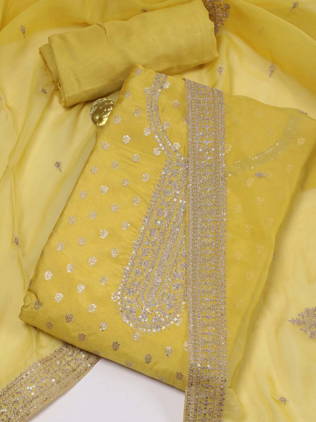 

Meena Bazaar Floral Woven Design Sequinned Unstitched Dress Material, Yellow
