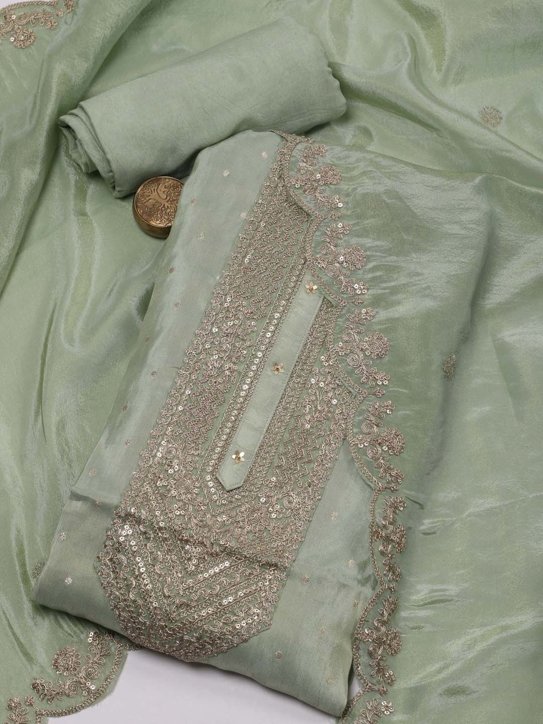 

Meena Bazaar Floral Embroidered Sequinned Tissue Unstitched Dress Material, Green