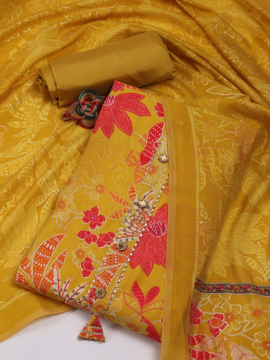 

Meena Bazaar Floral Printed Gotta Patti Unstitched Dress Material, Mustard