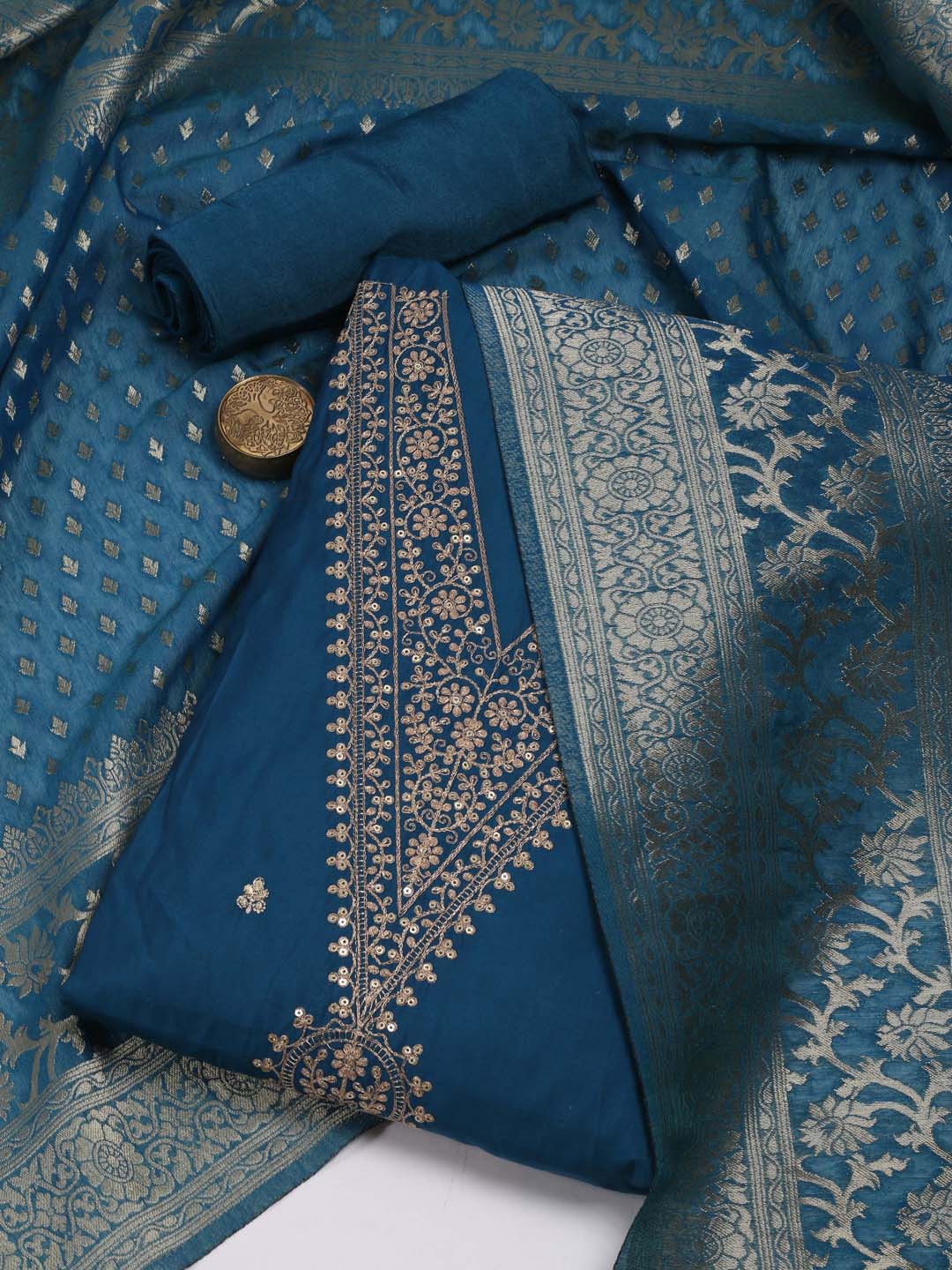 

Meena Bazaar Floral Embroidered Sequinned Art Silk Unstitched Dress Material, Blue