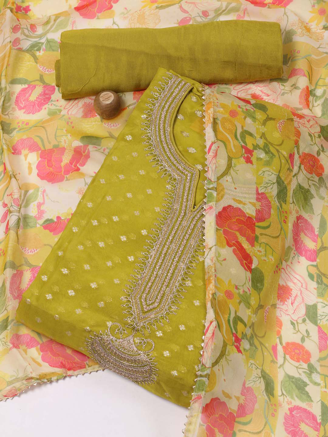 

Meena Bazaar Floral Woven Design Sequinned Unstitched Dress Material, Green