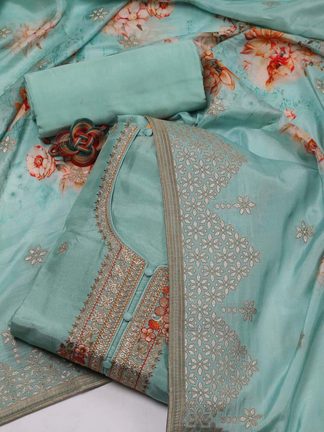 

Meena BazaarEthnic Motifs Embroidered Zari Art Silk Unstitched Dress Material, Sea green