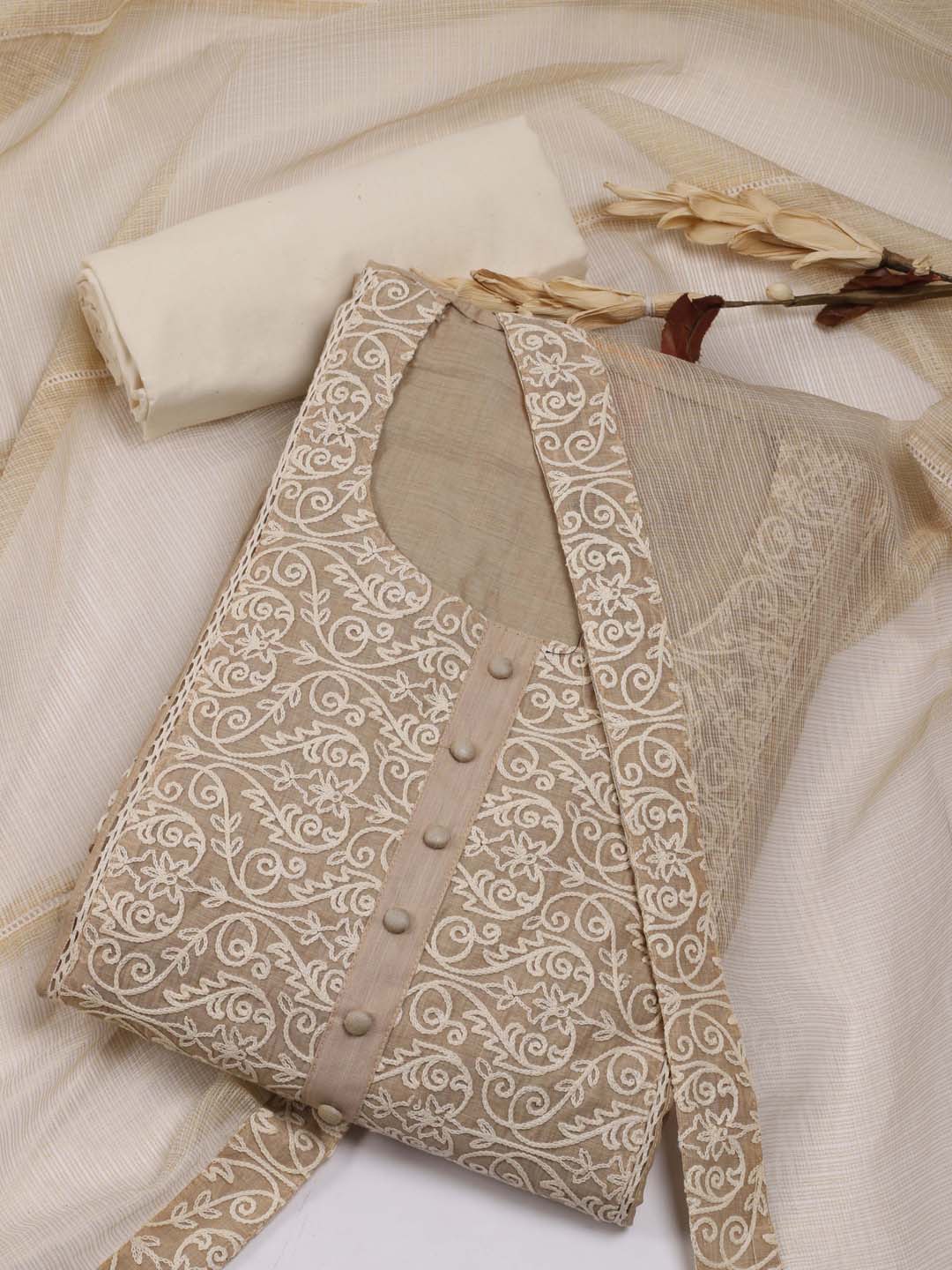 

Meena Bazaar Ethnic Motifs Embroidered Art Silk Unstitched Dress Material, Cream