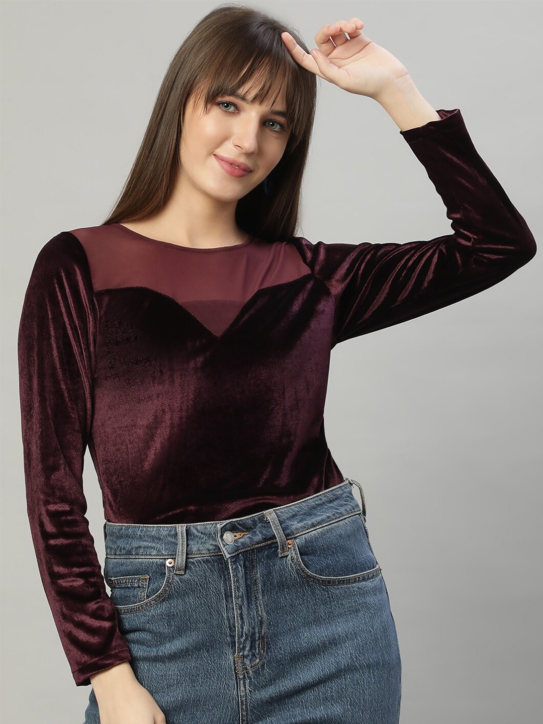 

DELAN Sheen Round Neck Long Sleeve Velvet Regular Top, Burgundy