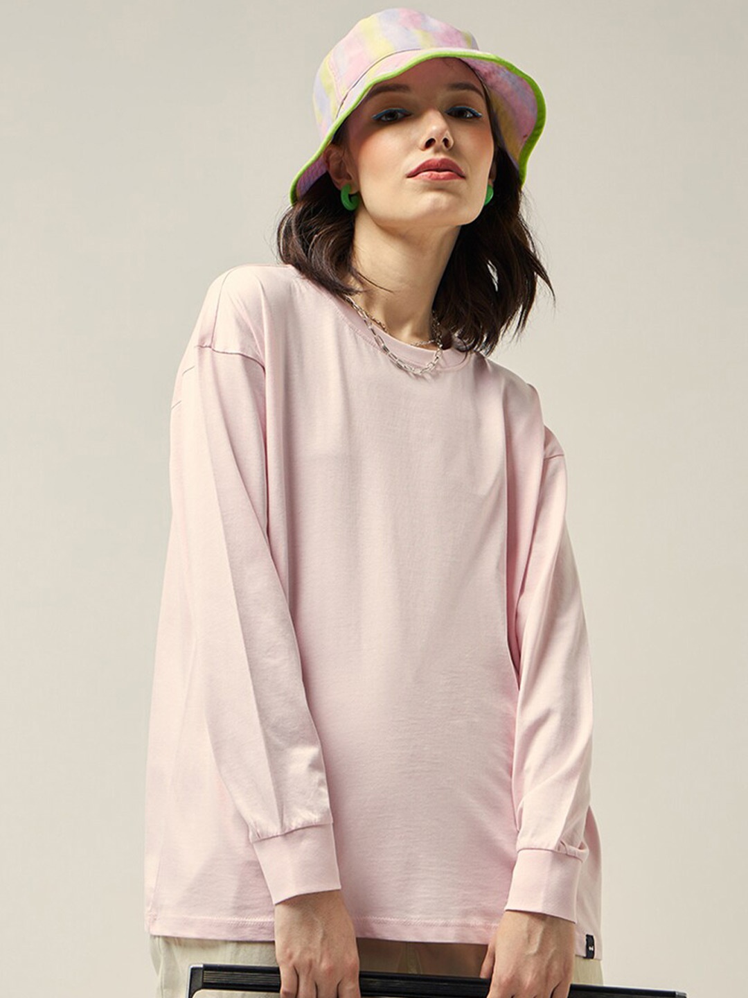 

Bewakoof Drop-Shoulder Sleeves Oversized Cotton T-shirt, Pink