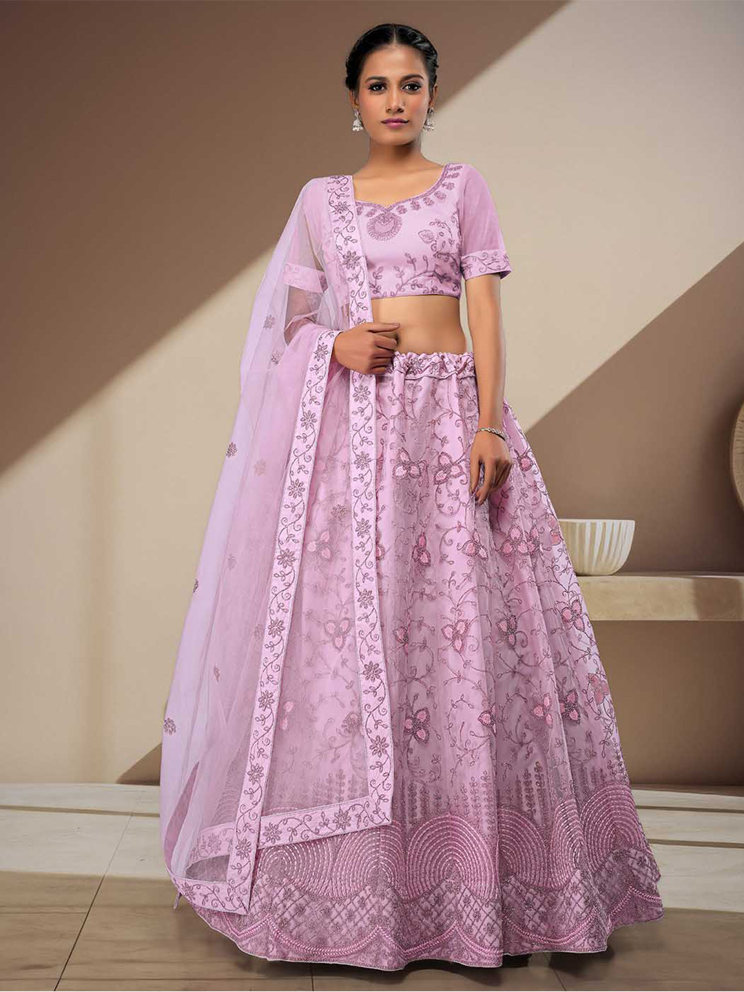 

HALFSAREE STUDIO Floral Embroidered Semi-Stitched Lehenga & Unstitched Blouse With Dupatta, Purple