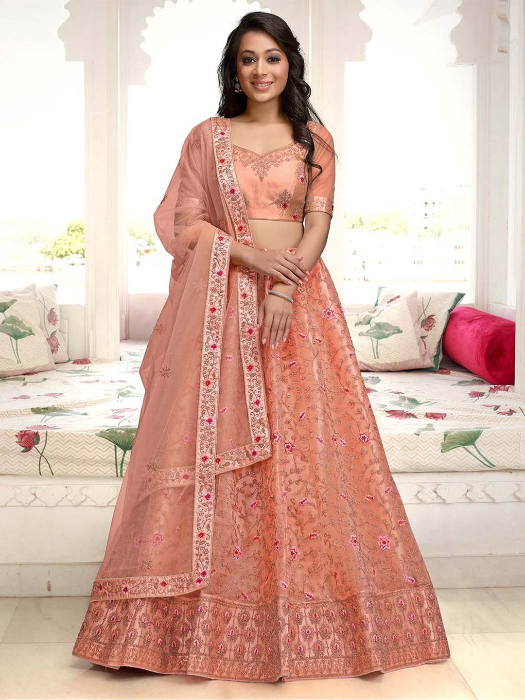 

HALFSAREE STUDIO Embroidered Semi-Stitched Lehenga & Unstitched Blouse With Dupatta, Peach