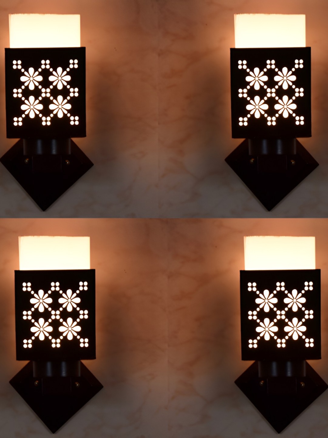 

Afast Brown & White 4 Pieces Wooden Floral Textured Square Lazer Wall Lamps
