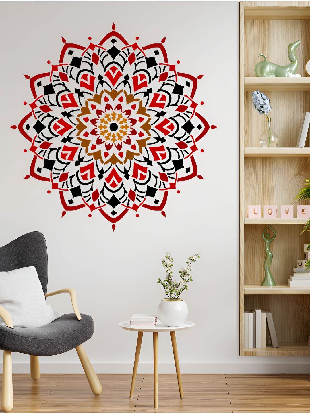 

KAYRA DECOR Black & Red Creative Circle Mandala Design Wall Stencil
