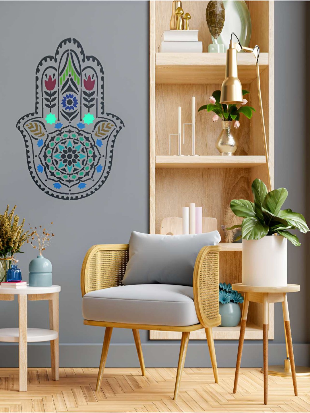 

KAYRA DECOR White & Black Hamsa Mandala Design Stencil Wall sticker