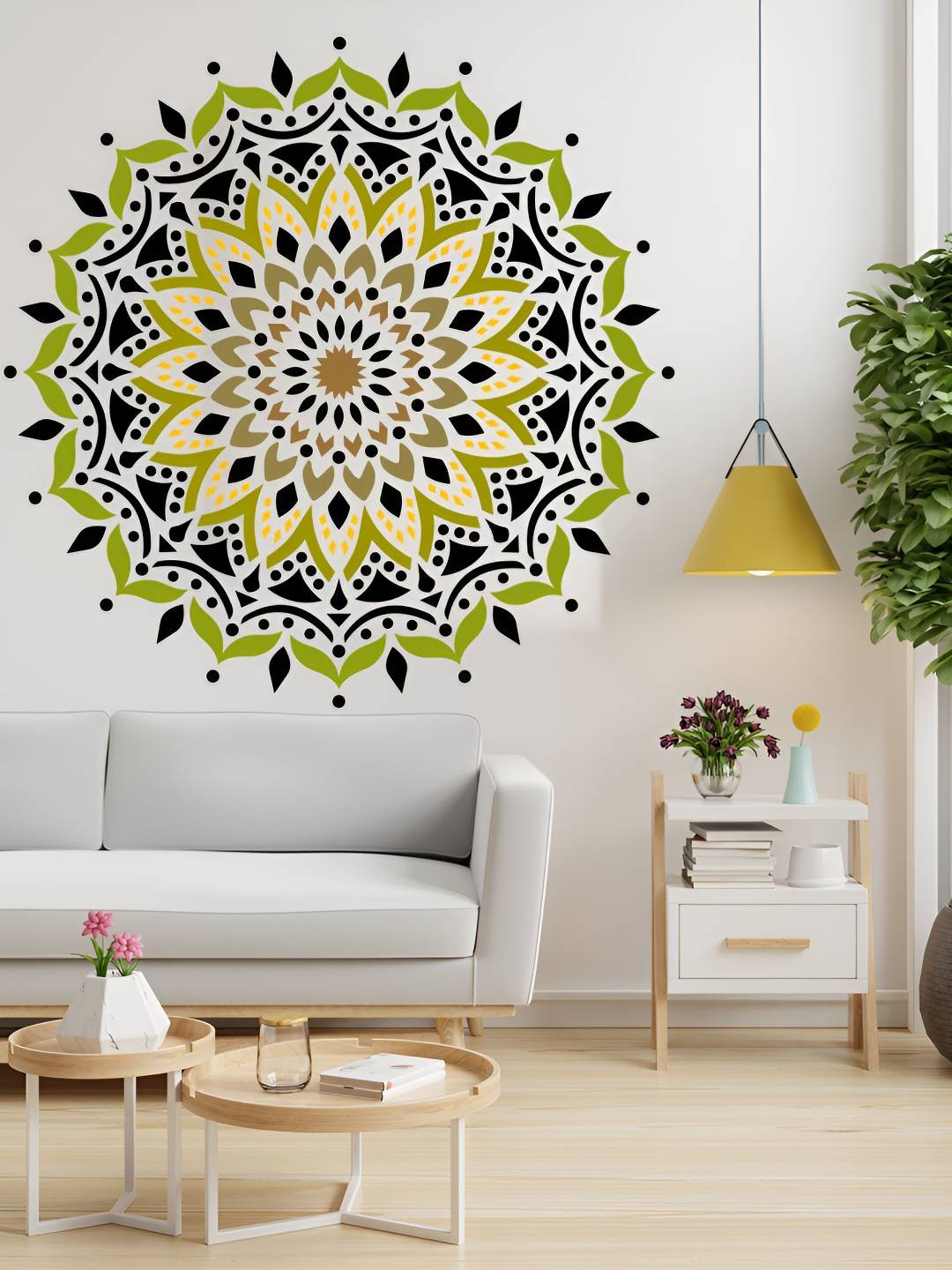 

KAYRA DECOR White & Black Mandala Design Printed Stencil Wall Sticker