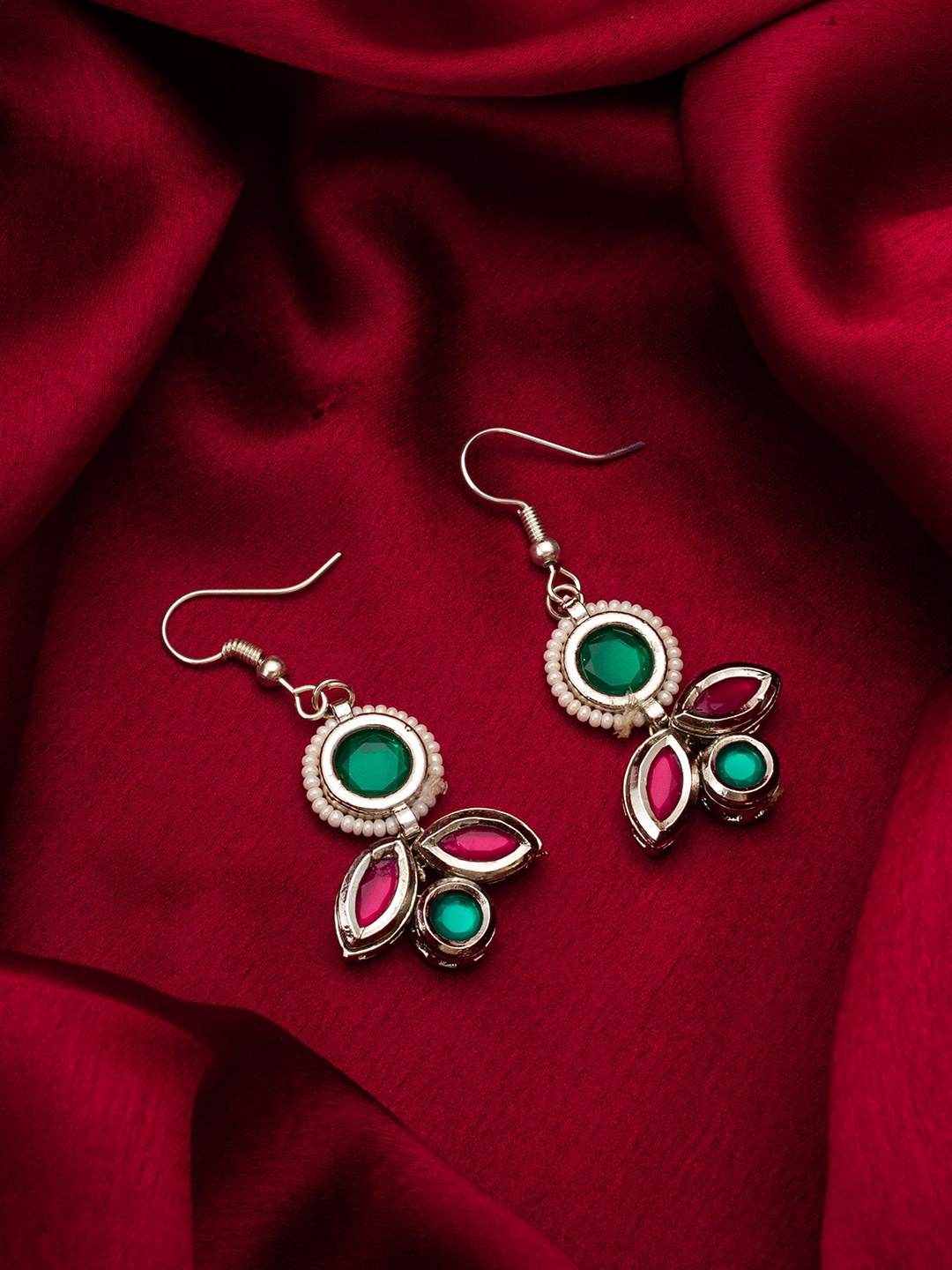 

aadita Silver Plated Kundan Studded Oxidised Drop Earrings