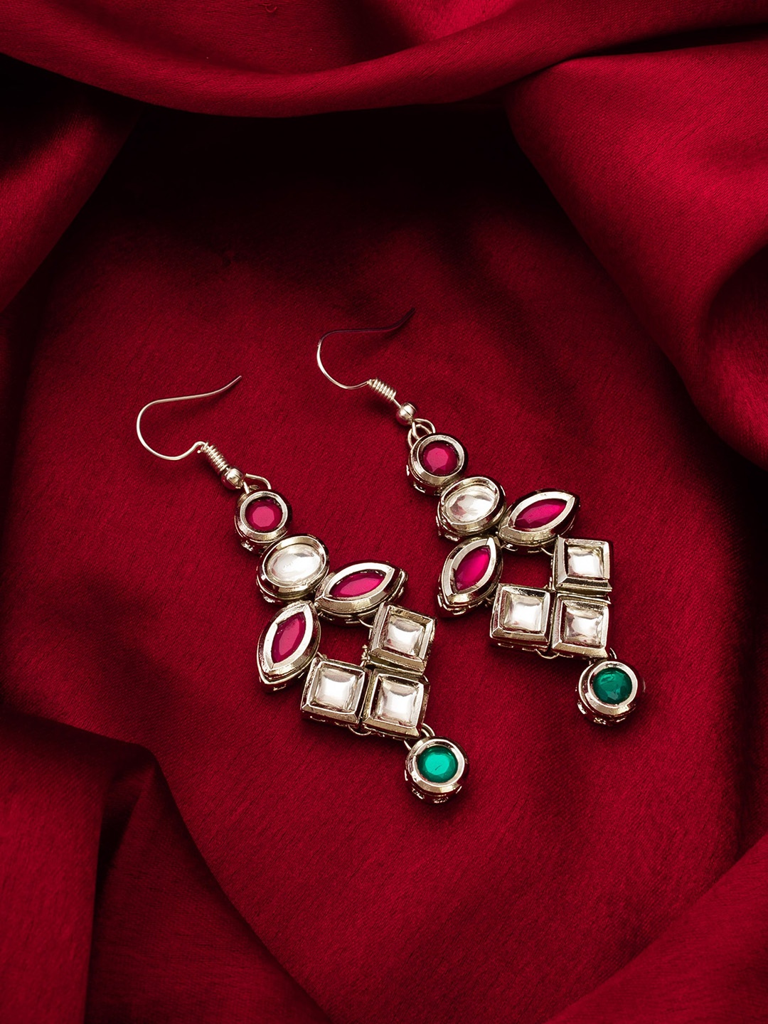 

aadita Silver Plated Kundan Studded Drop Earrings