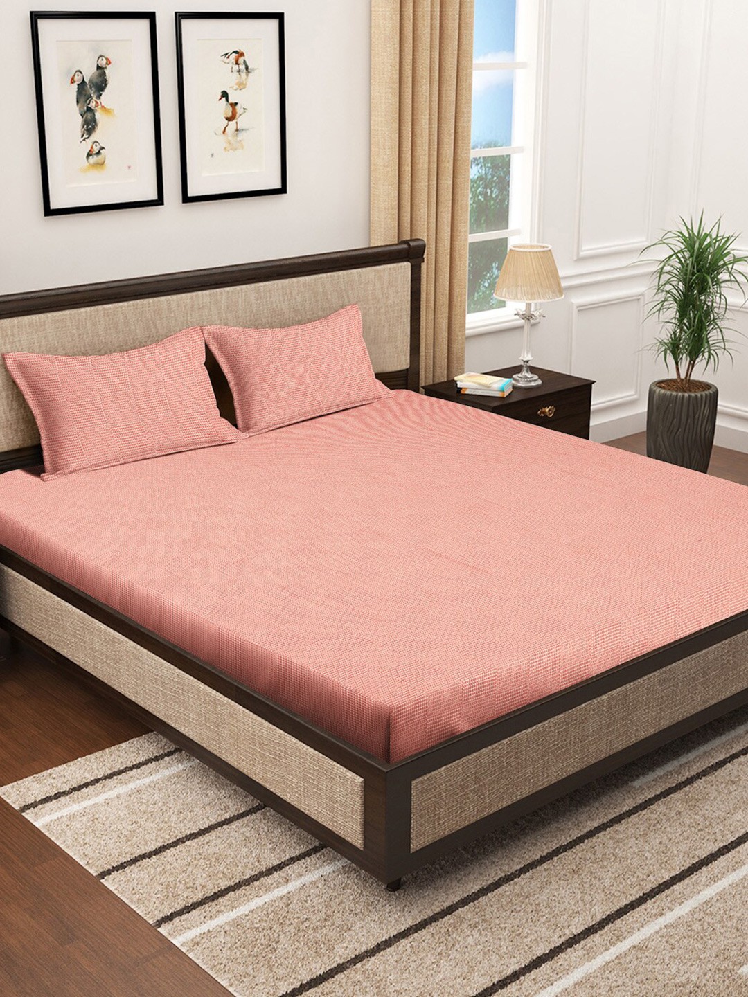 

KLOTTHE Red Beige Striped Cotton 400 TC King Bedsheet With 2 Pillow Covers