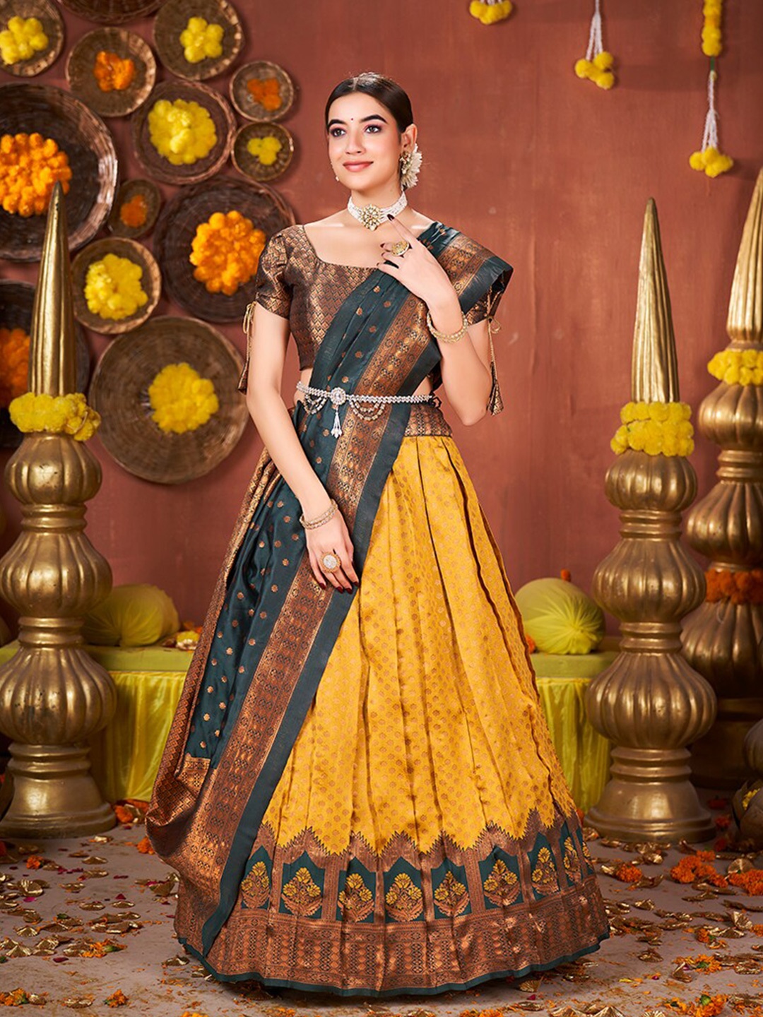 

SHOPGARB Woven Design Semi-Stitched Lehenga & Unstitched Blouse With Dupatta, Gold