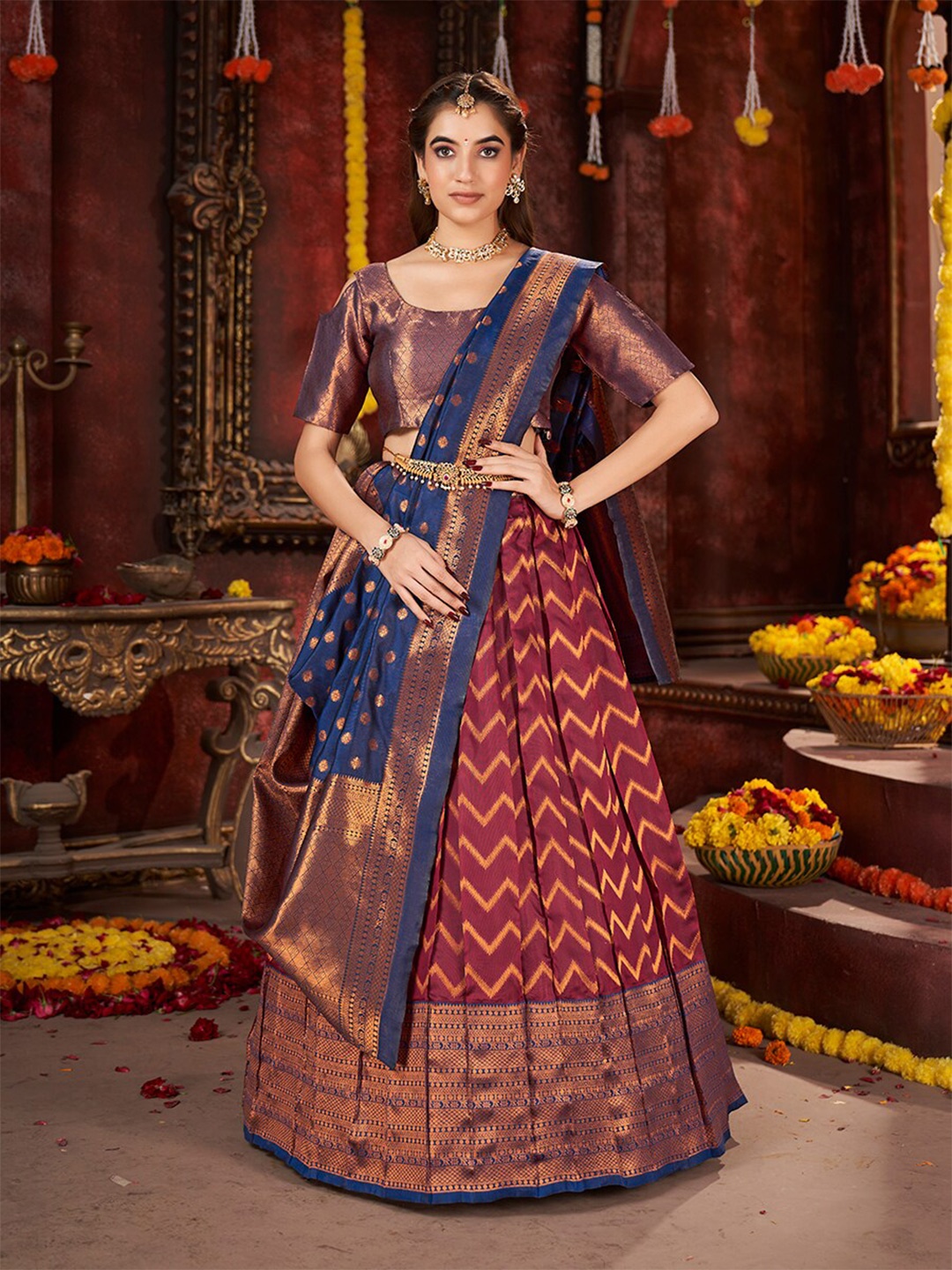 

SHOPGARB Woven Design Semi-Stitched Lehenga & Unstitched Blouse With Dupatta, Maroon