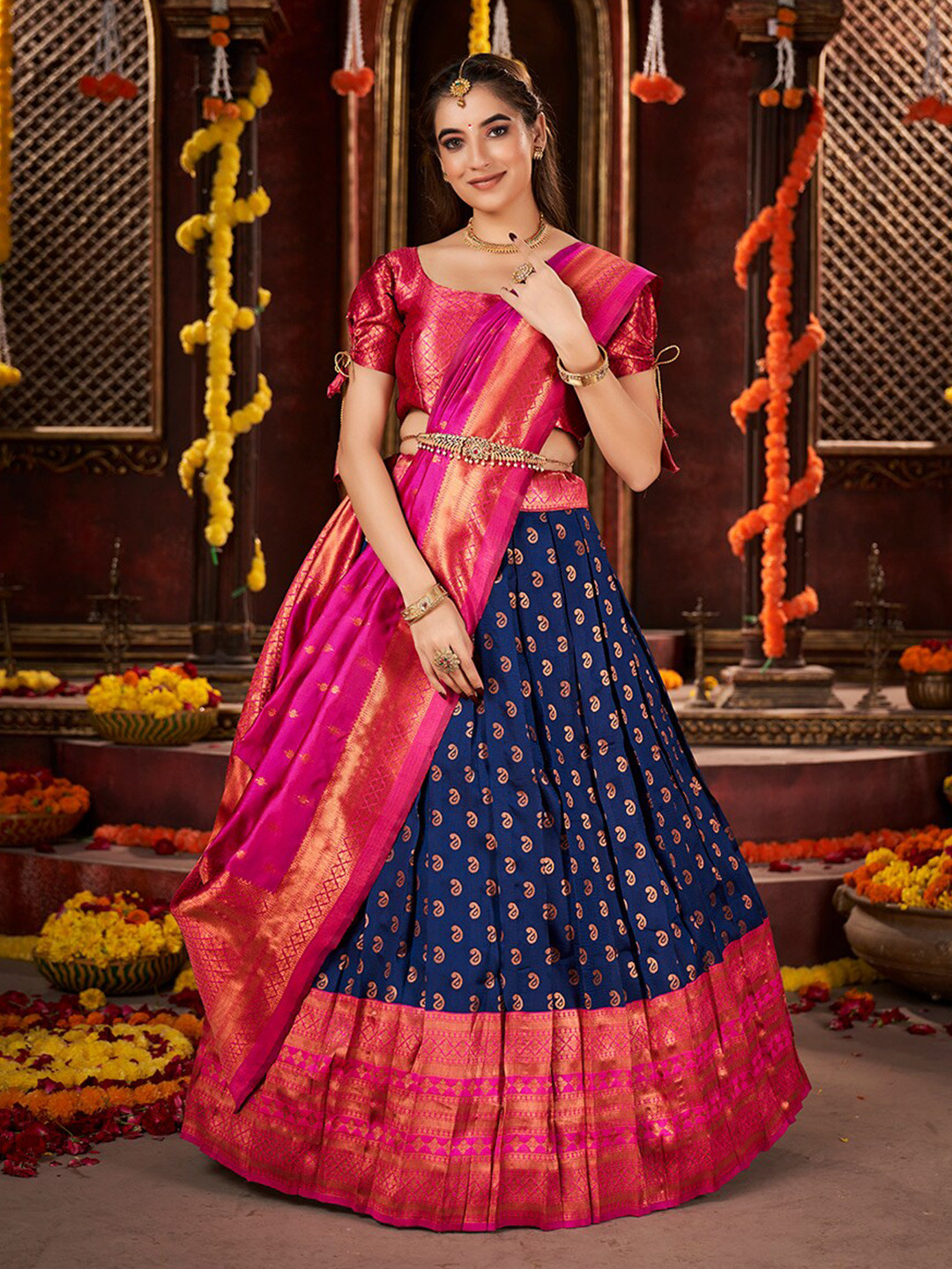 

SHOPGARB Woven Design Semi-Stitched Lehenga & Unstitched Blouse With Dupatta, Blue