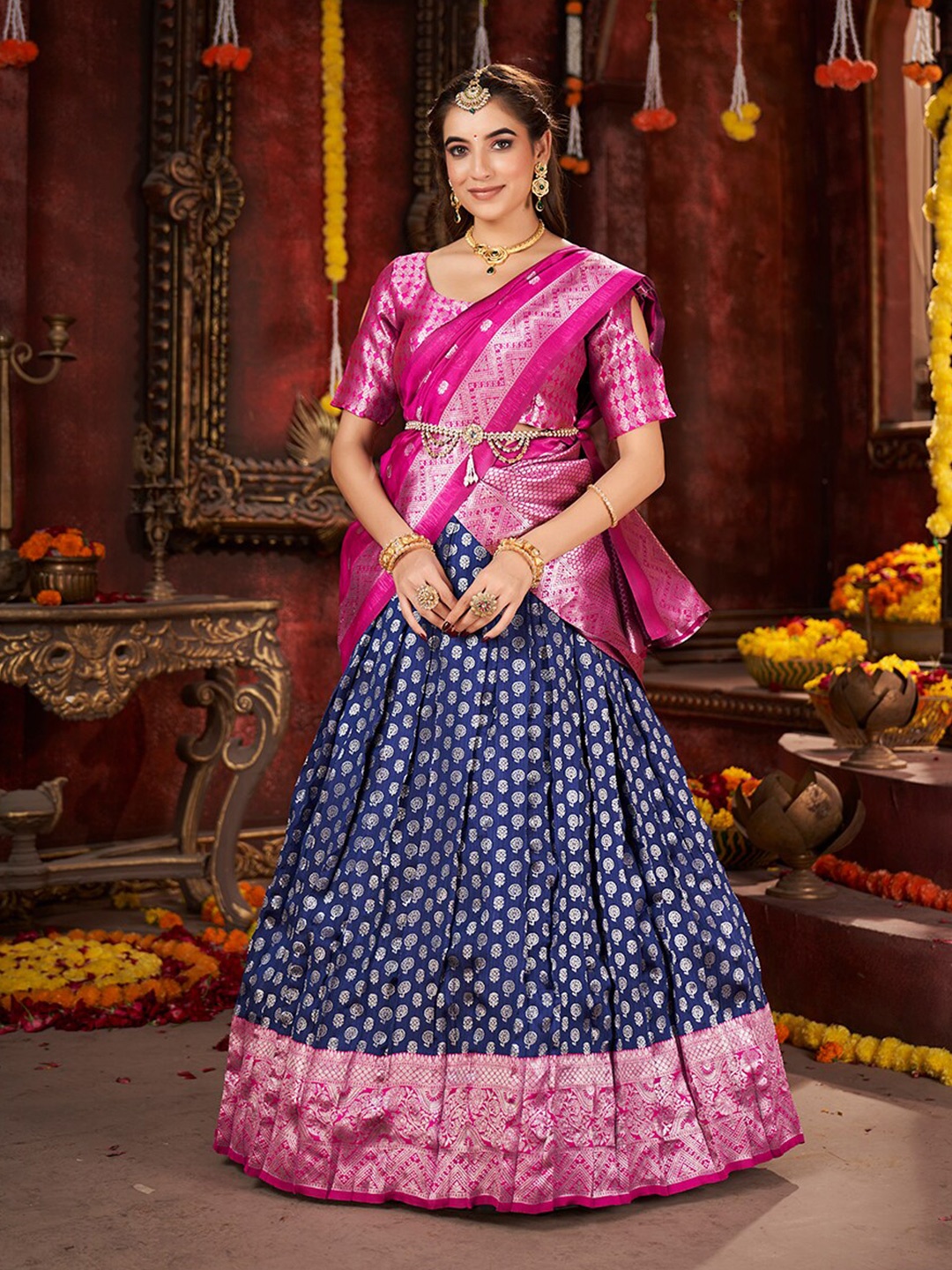 

SHOPGARB Ethnic Motifs Woven Design Semi-Stitched Lehenga & Unstitched Blouse With Dupatta, Blue
