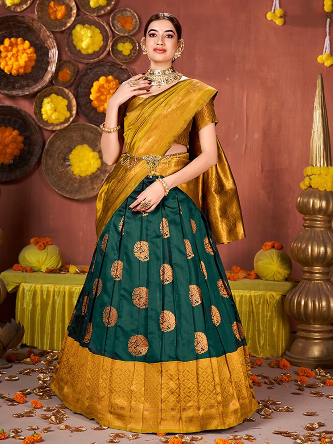 

SHOPGARB Ethnic Motifs Woven Design Semi-Stitched Lehenga & Unstitched Blouse With Dupatta, Green