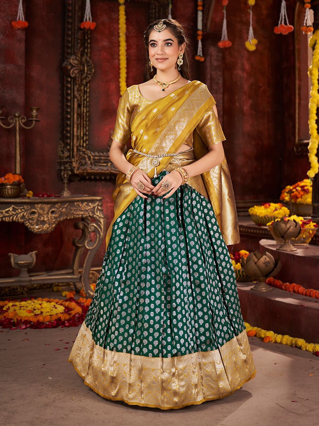 

SHOPGARB Ethnic Motifs Woven Design Semi-Stitched Lehenga & Unstitched Blouse With Dupatta, Green
