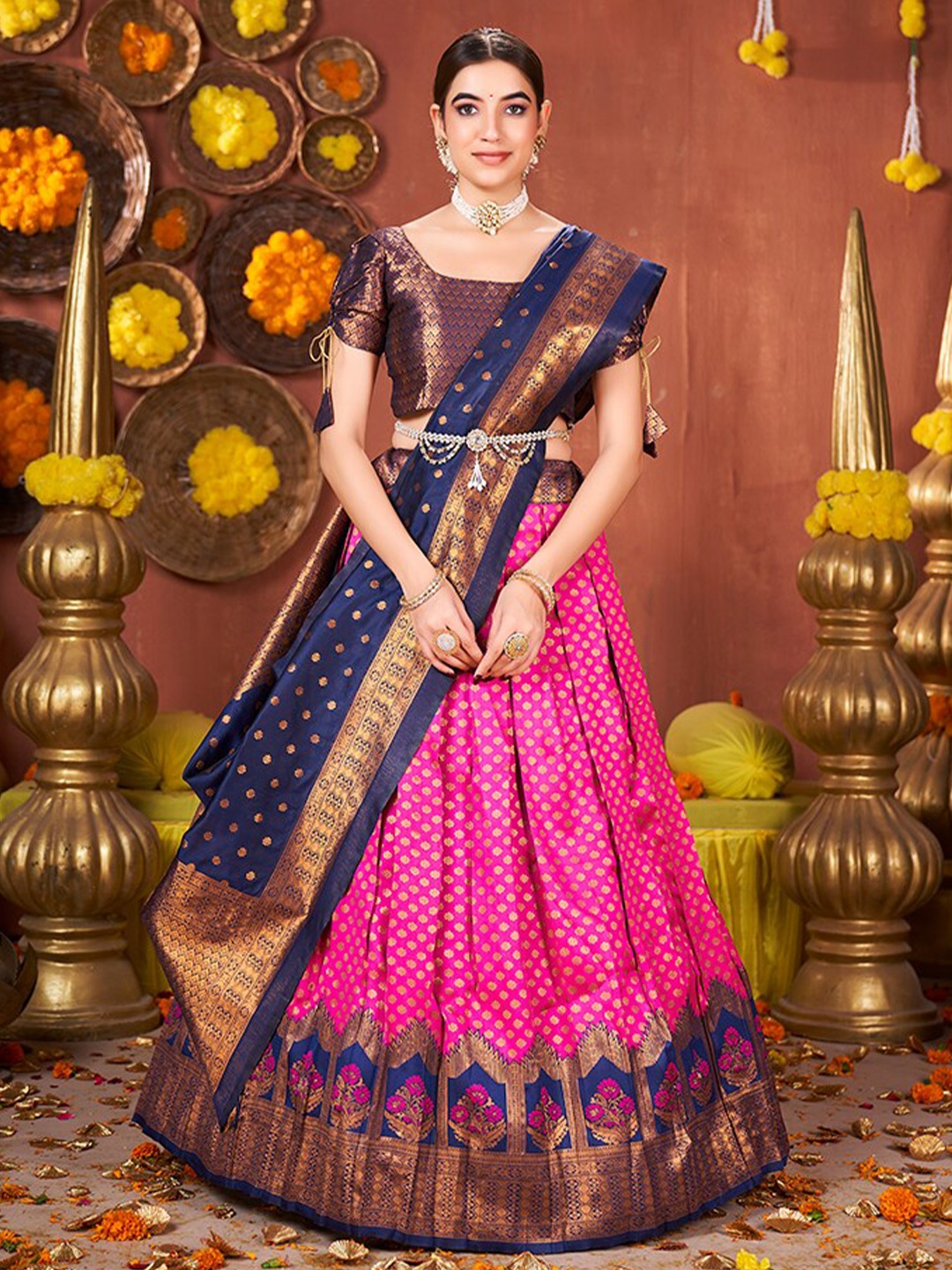 

SHOPGARB Ethnic Motifs Woven Design Semi-Stitched Lehenga & Unstitched Blouse With Dupatta, Pink