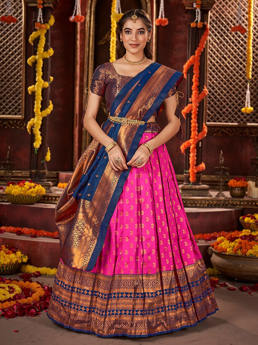 

SHOPGARB Ethnic Motifs Woven Design Semi-Stitched Lehenga & Unstitched Blouse With Dupatta, Pink