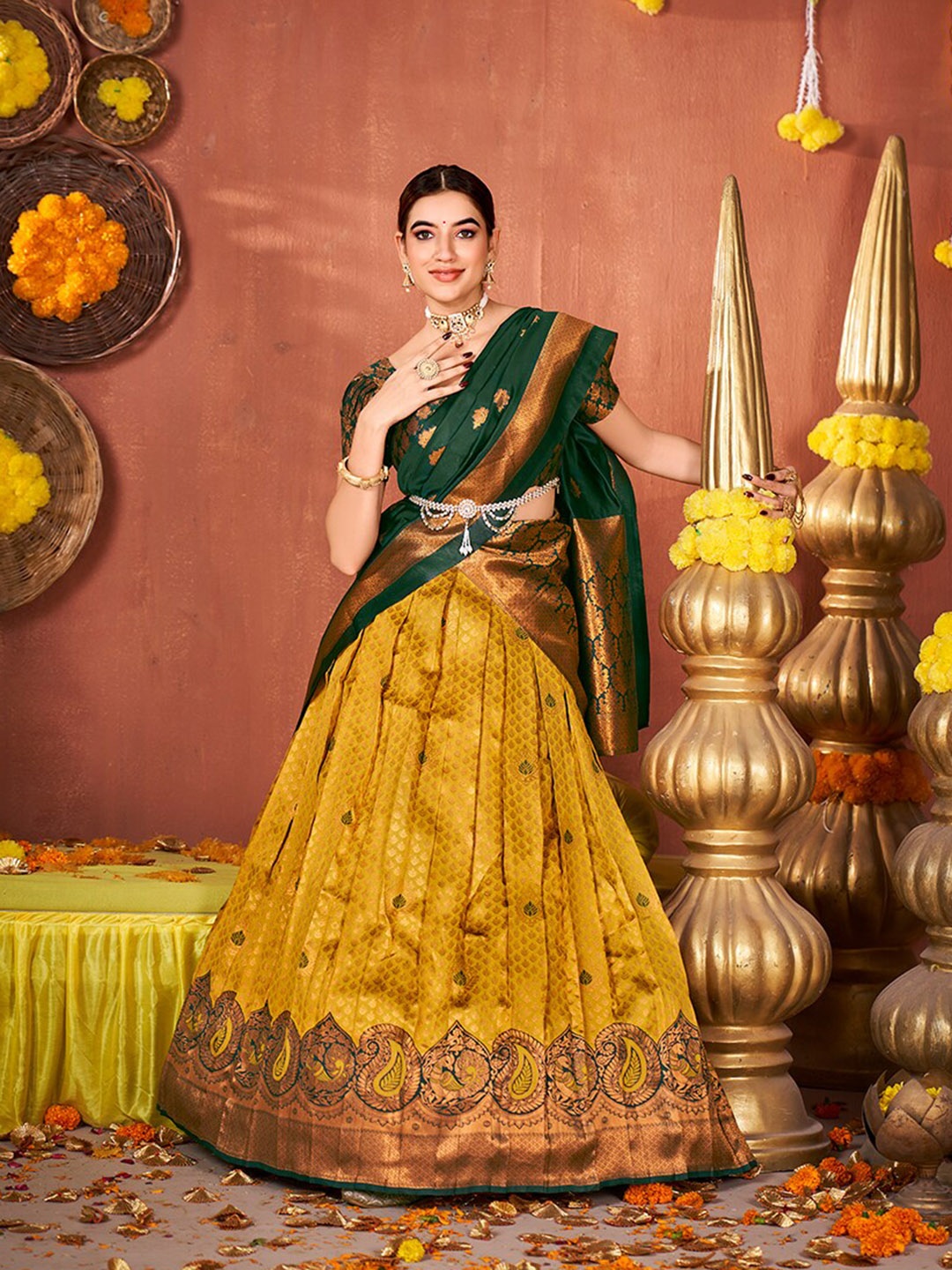 

SHOPGARB Ethnic Motifs Woven Design Semi-Stitched Lehenga & Unstitched Blouse With Dupatta, Mustard