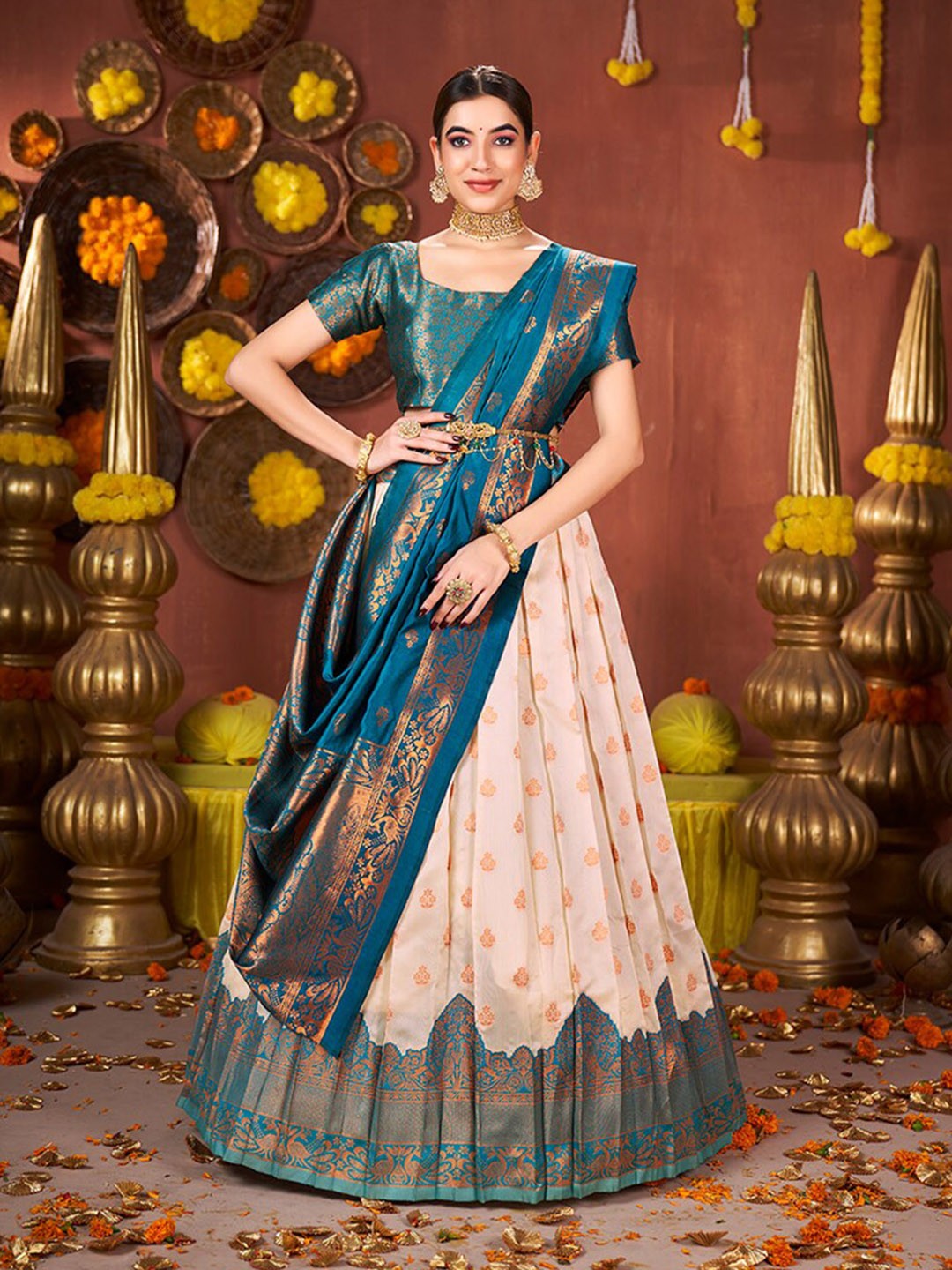 

SHOPGARB Ethnic Motifs Woven Design Semi-Stitched Lehenga & Unstitched Blouse With Dupatta, Off white