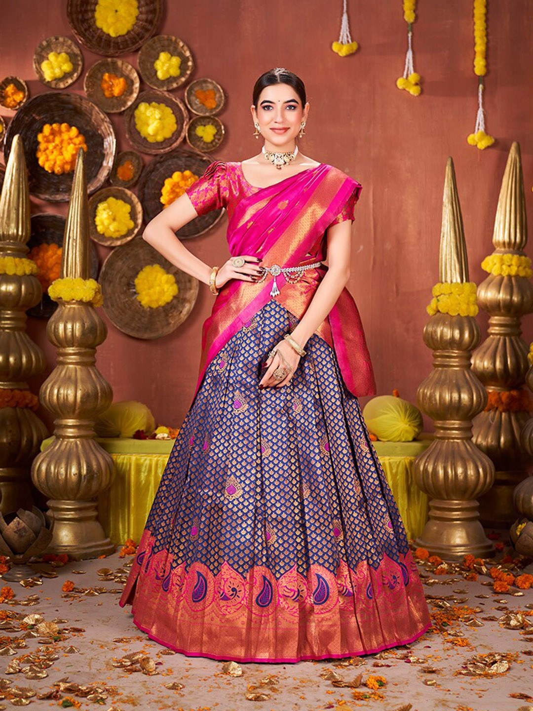 

SHOPGARB Ethnic Motifs Woven Design Semi-Stitched Lehenga & Unstitched Blouse With Dupatta, Blue