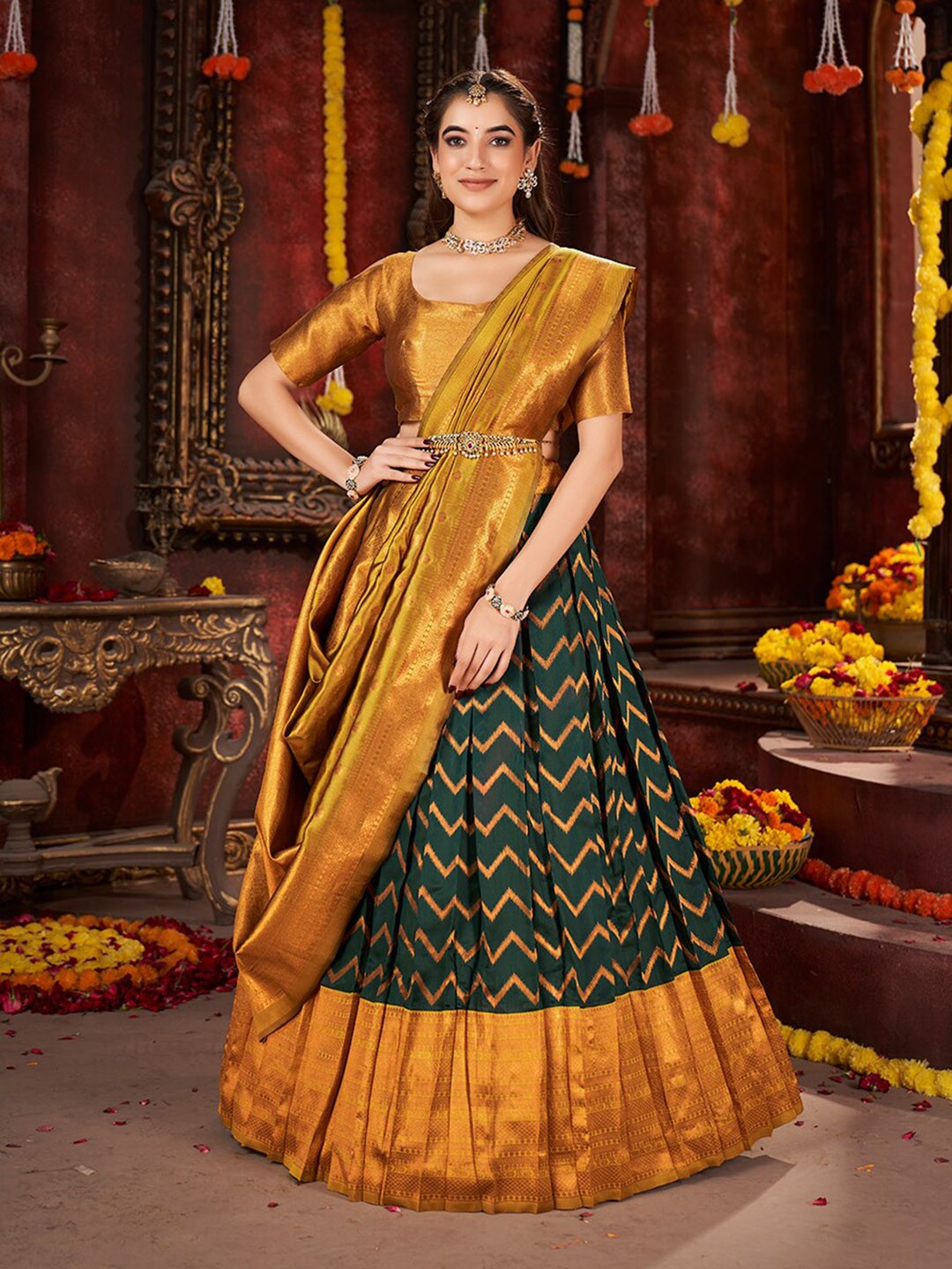 

SHOPGARB Woven Design Banarasi Silk Semi-Stitched Lehenga Unstitched Blouse With Dupatta, Green