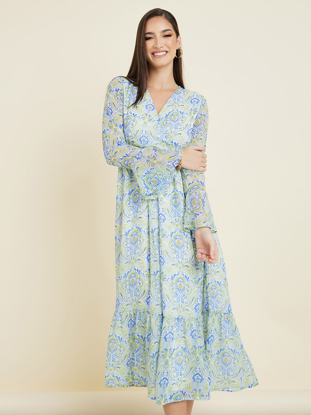 

Styli Green & Blue Floral Printed Bell Sleeves V-Neck Flounce Midi Wrap Dress