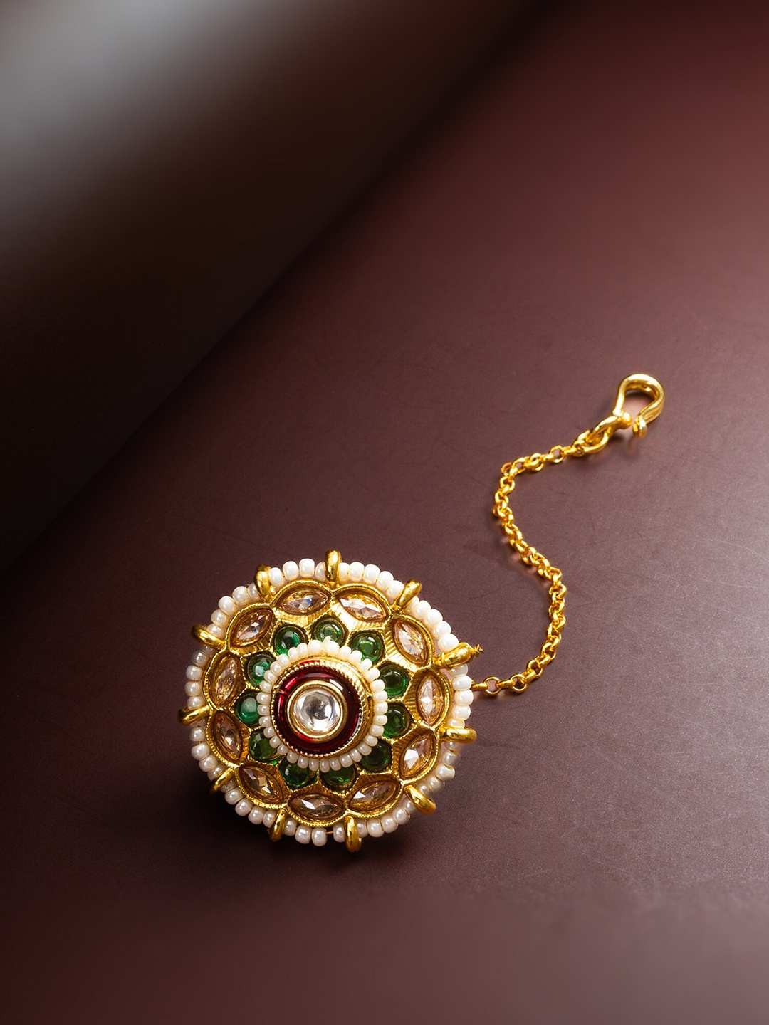 

aadita Gold-Plated Stone-Studded & Pearls-Beaded Maang Tikka