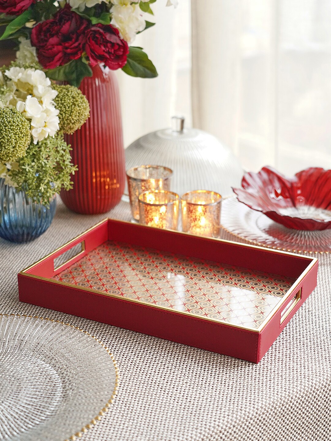 

Pure Home and Living Red Printed Glass Faux Leather Tray