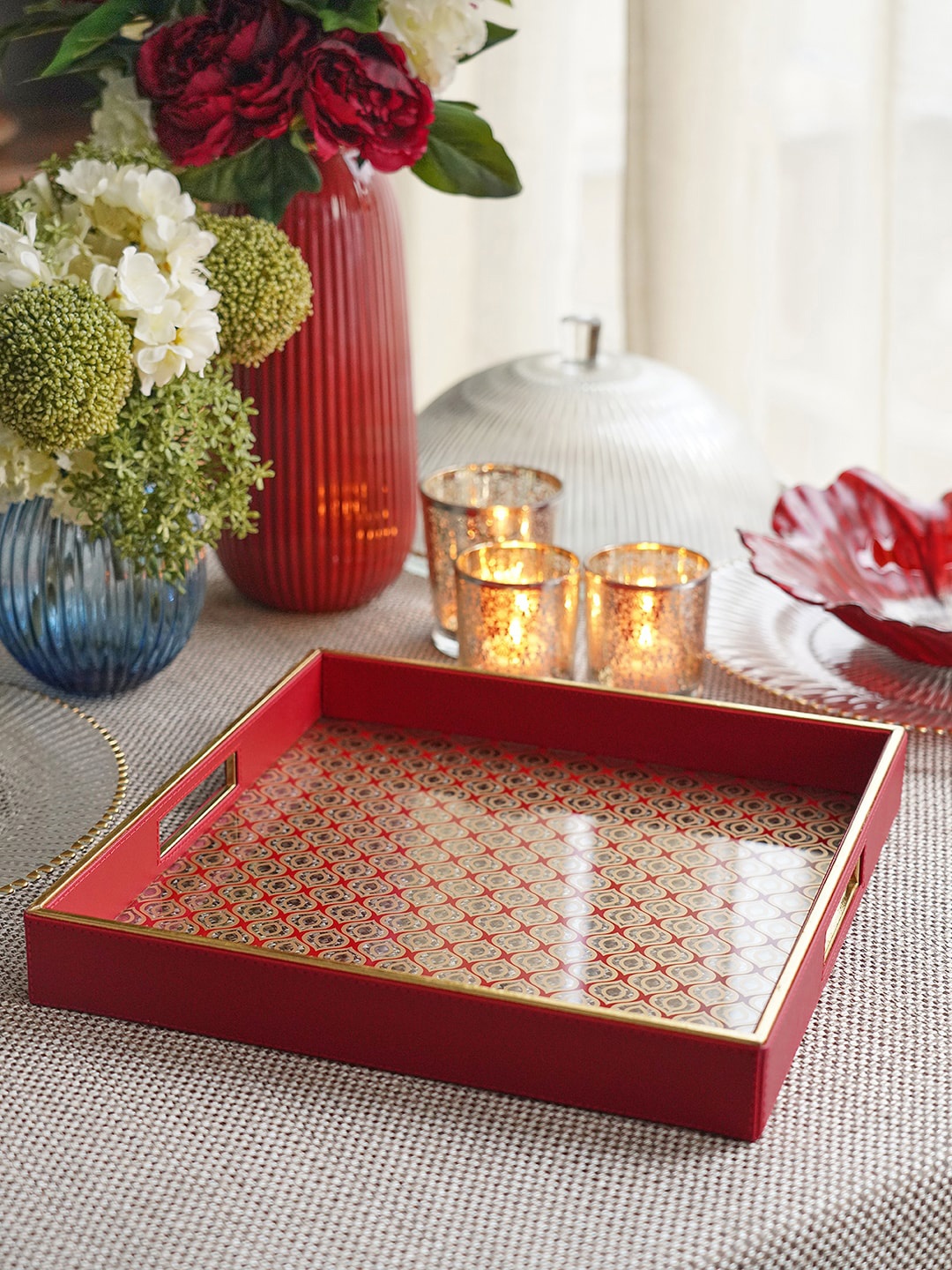 

Pure Home and Living Red Printed Glass Faux Leather Tray